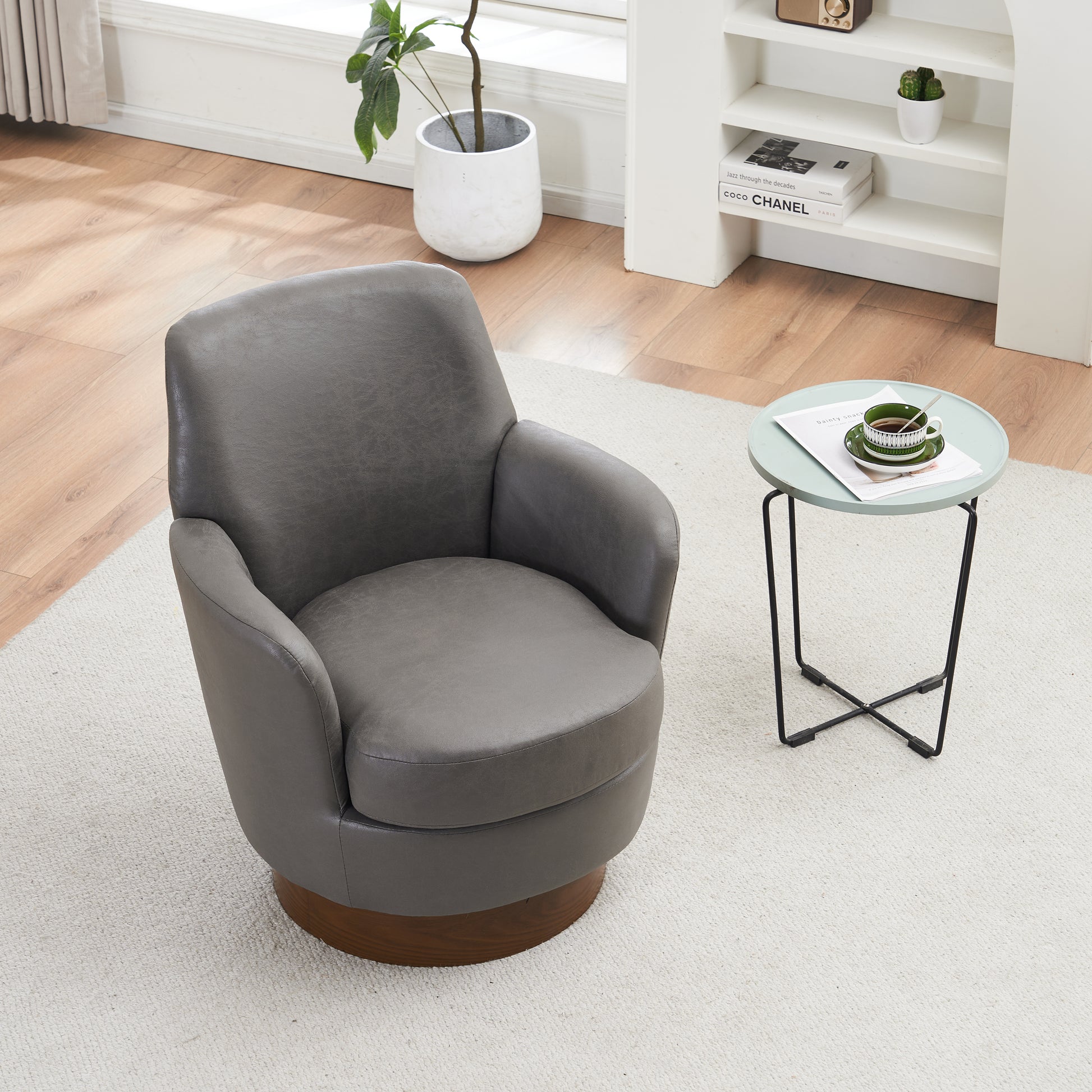 Pu Leather Swivel Barrel Chair, Swivel Accent Chairs Armchair For Living Room, Reading Chairs For Bedroom Comfy, Round Barrel Chairs With Gold Stainless Steel Base Grey Grey Primary Living Space