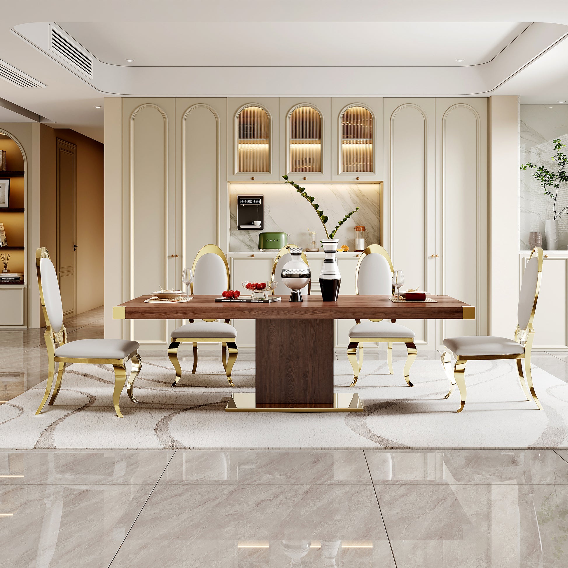 Mdf Top Dining Table With Gold Finish Corner, Mdf Pillar And Gold Finish Stainless Steel Base Walnut Brown Mdf