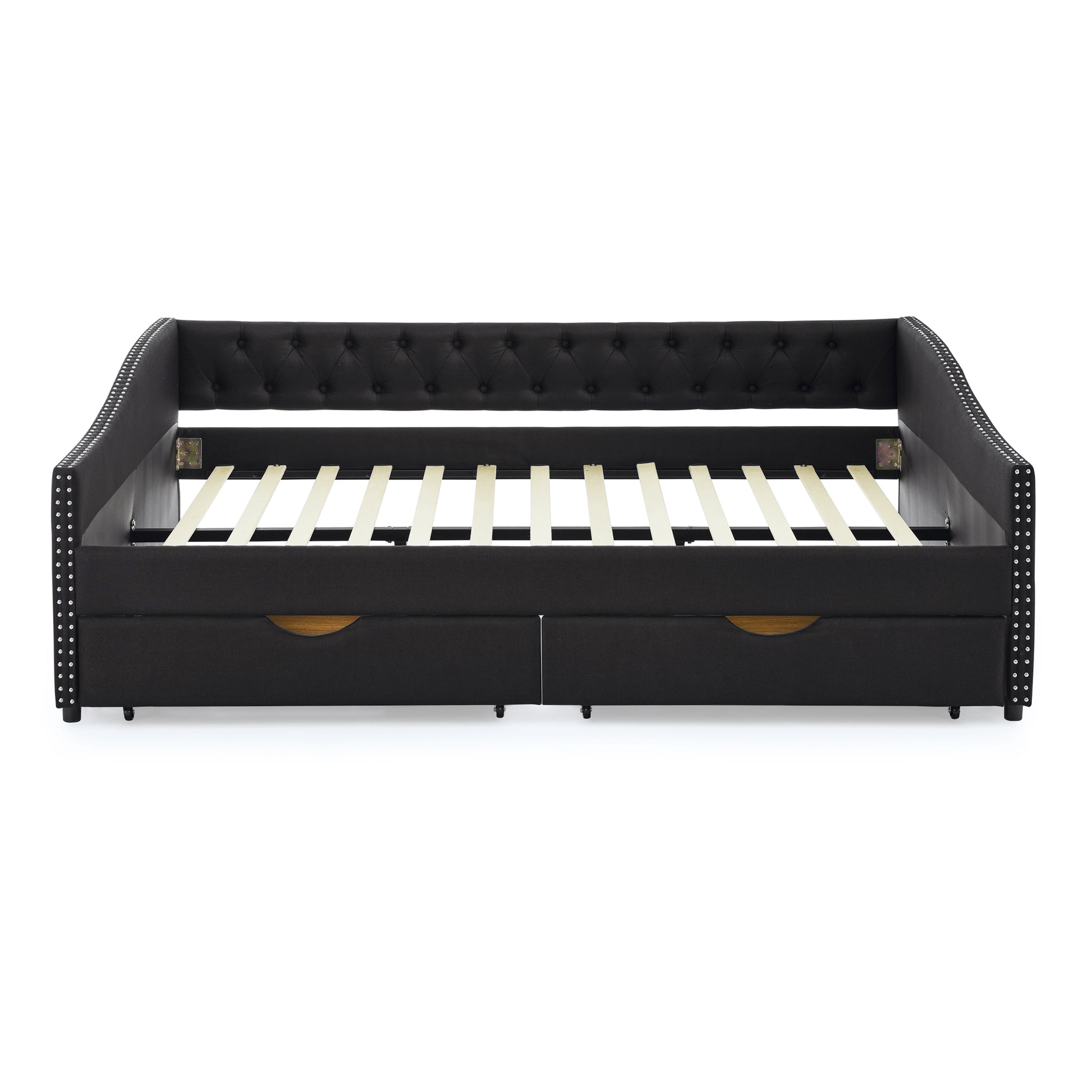 Queen Size Daybed With Drawers Upholstered Tufted Sofa Bed,With Button On Back And Copper Nail On Waved Shape Arms 84.5"X63.5"X26.5" Black Linen