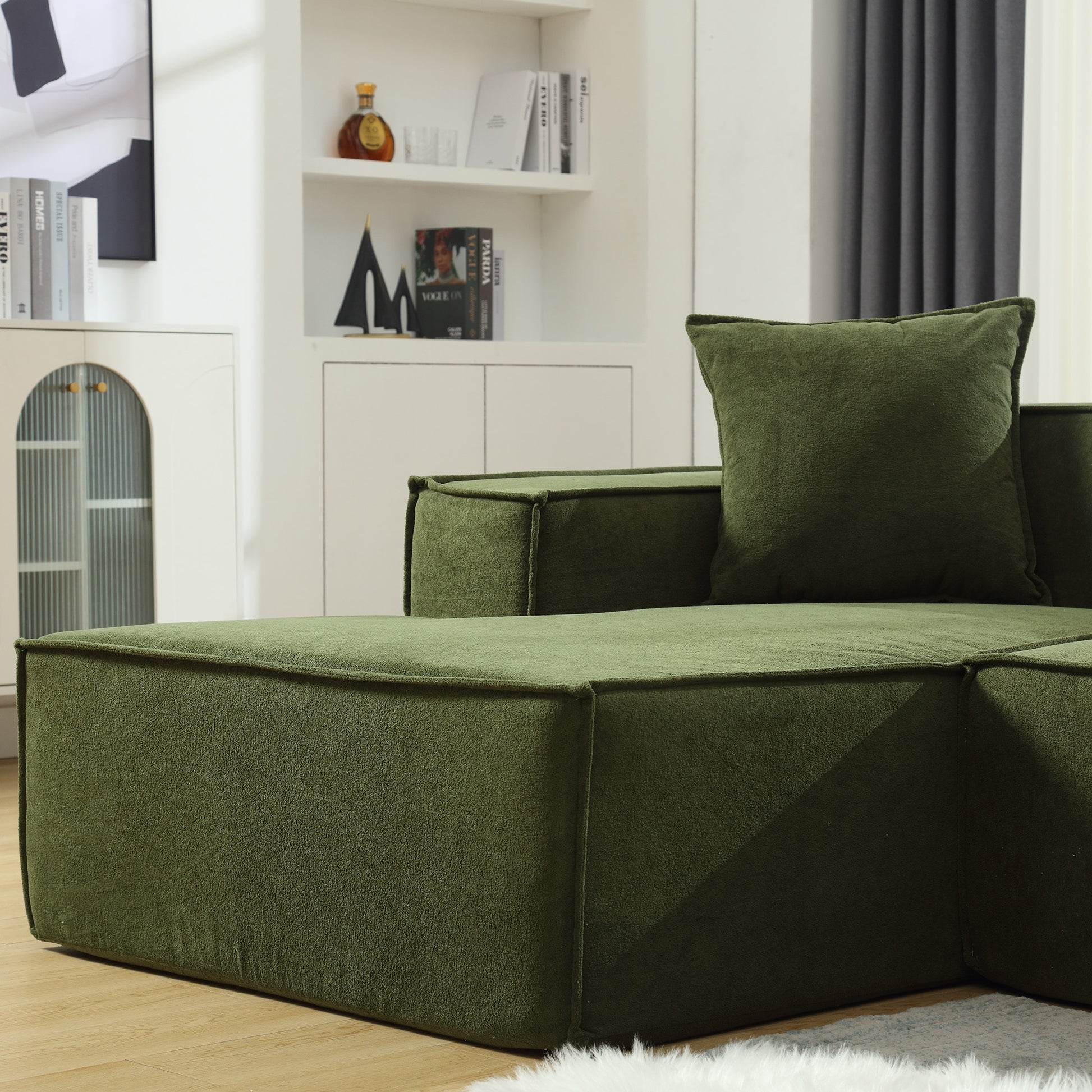 Modular Combination Living Room Sofa Set, Modern Minimalist Sofa, Free Installation Sofa, L Shaped, Italian Minimalist Tofu Block Sofa, Left Hand Facing,Terrycloth Fabric ,Green Green Polyester Primary Living Space Soft Modern Polyester 3 Seat