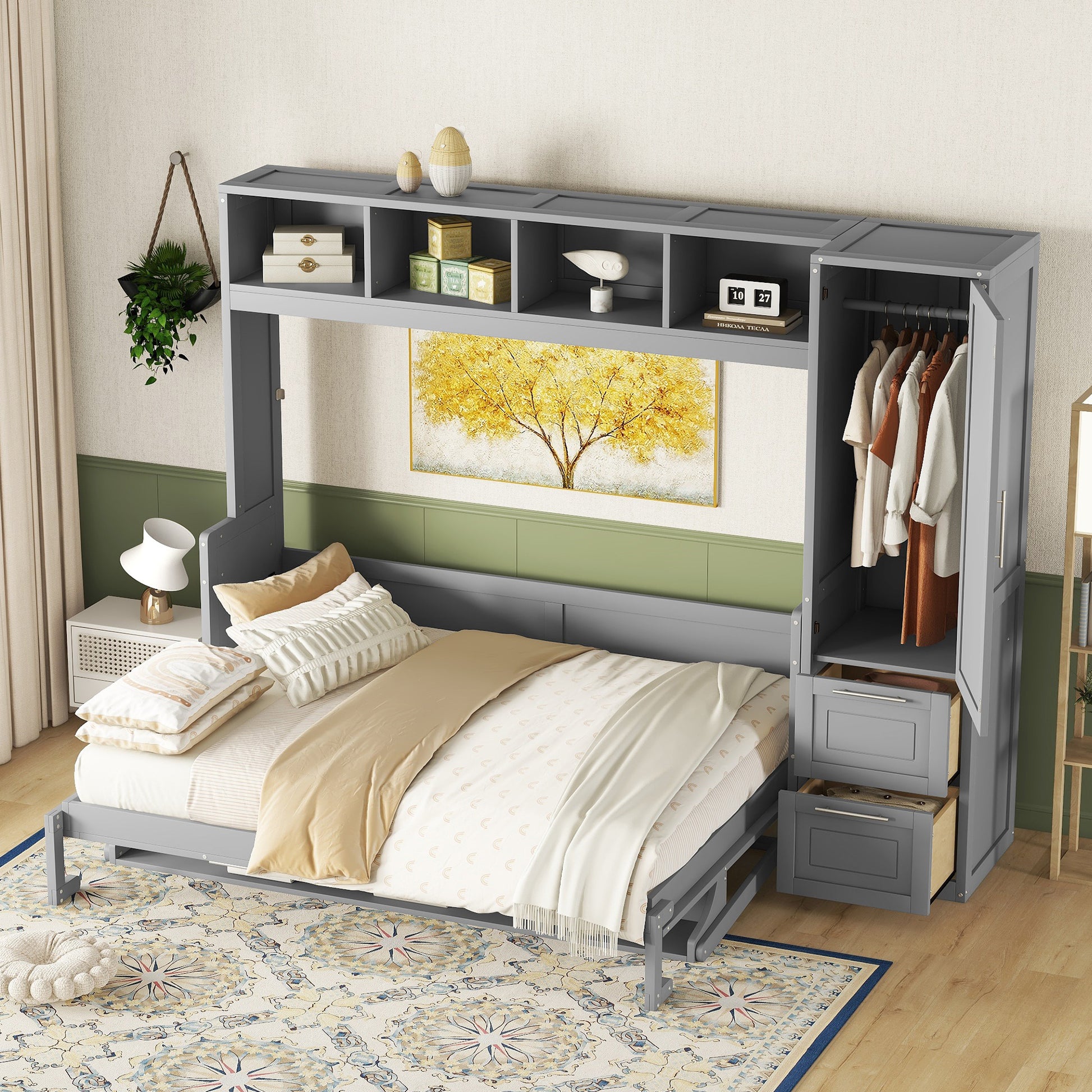 Queen Size Murphy Bed Wall Bed With Closet And Drawers,Gray Gray Mdf Lvl