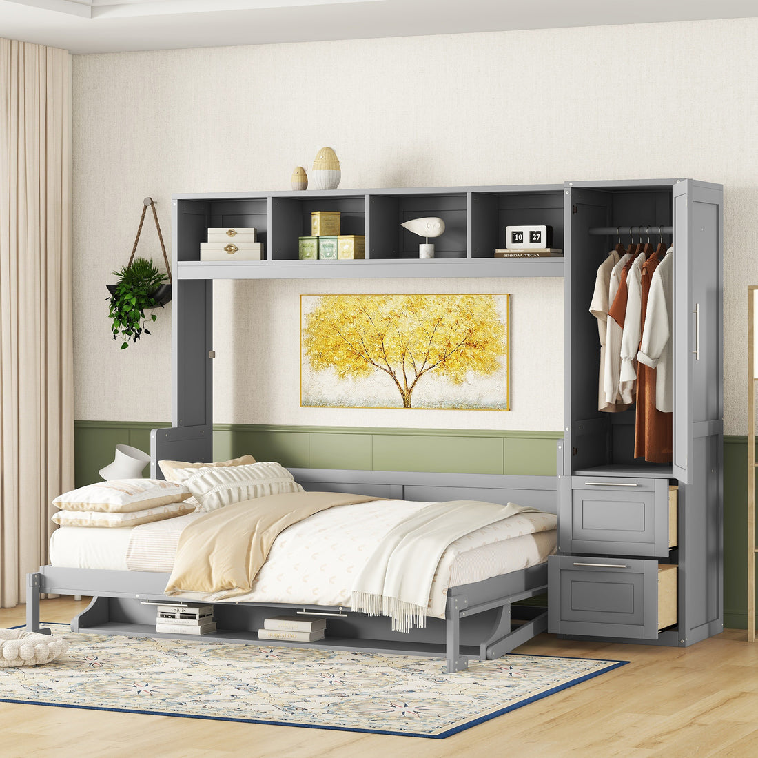 Queen Size Murphy Bed Wall Bed With Closet And Drawers,Gray Gray Mdf Lvl
