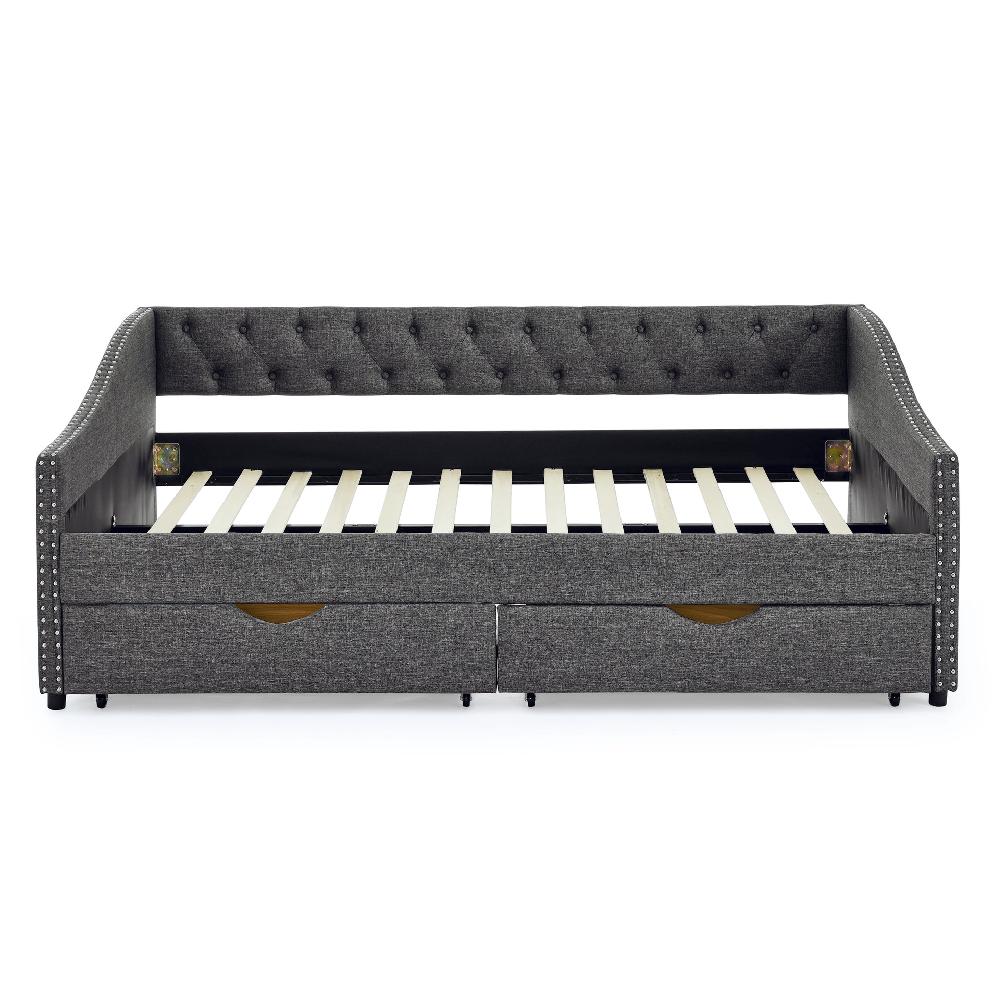 Full Size Daybed With Drawers Upholstered Tufted Sofa Bed, With Button On Back And Copper Nail On Waved Shape Arms 80.5''X55.5''X27.5'' Dark Grey Linen