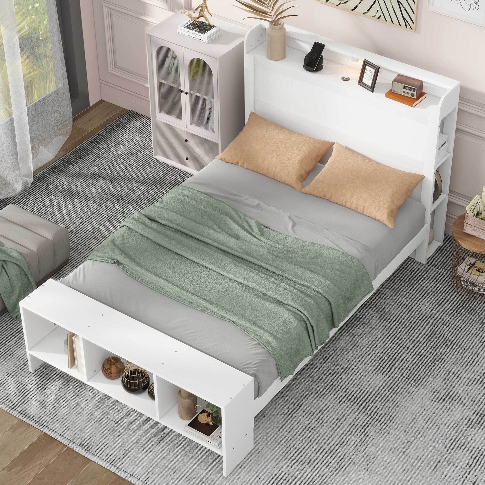 Full Size Platform Bed With Built In Shelves, Led Light And Usb Ports, White White Mdf Lvl