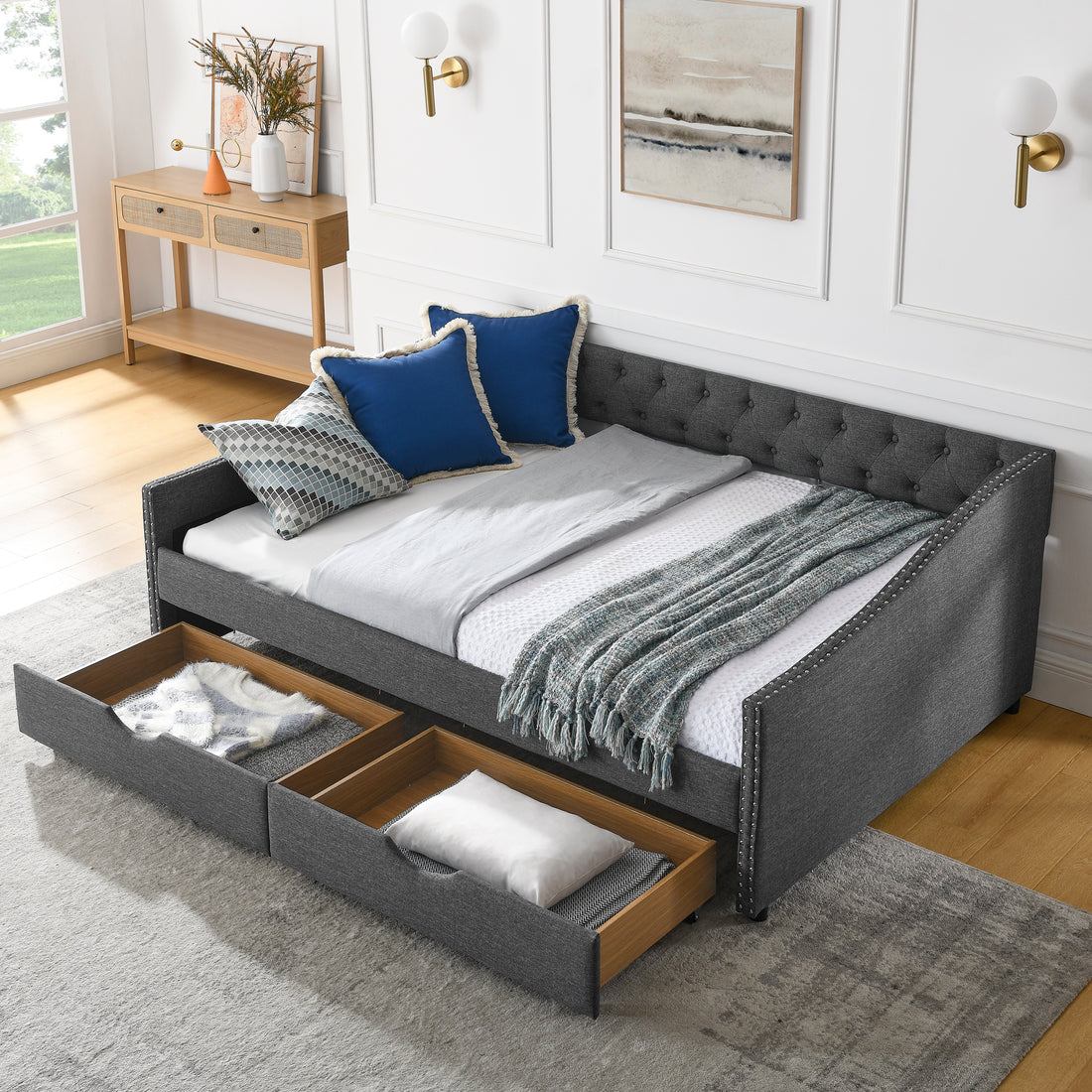 Full Size Daybed With Drawers Upholstered Tufted Sofa Bed, With Button On Back And Copper Nail On Waved Shape Arms 80.5''X55.5''X27.5'' Dark Grey Linen
