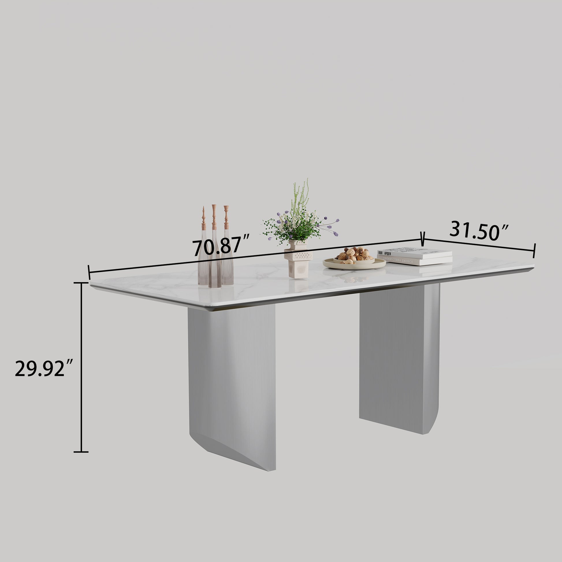 0.47" Thick Sintered Stone Composite Tempered Glass Top Dining Table With Stainless Steel Base Silver Sintered Stone