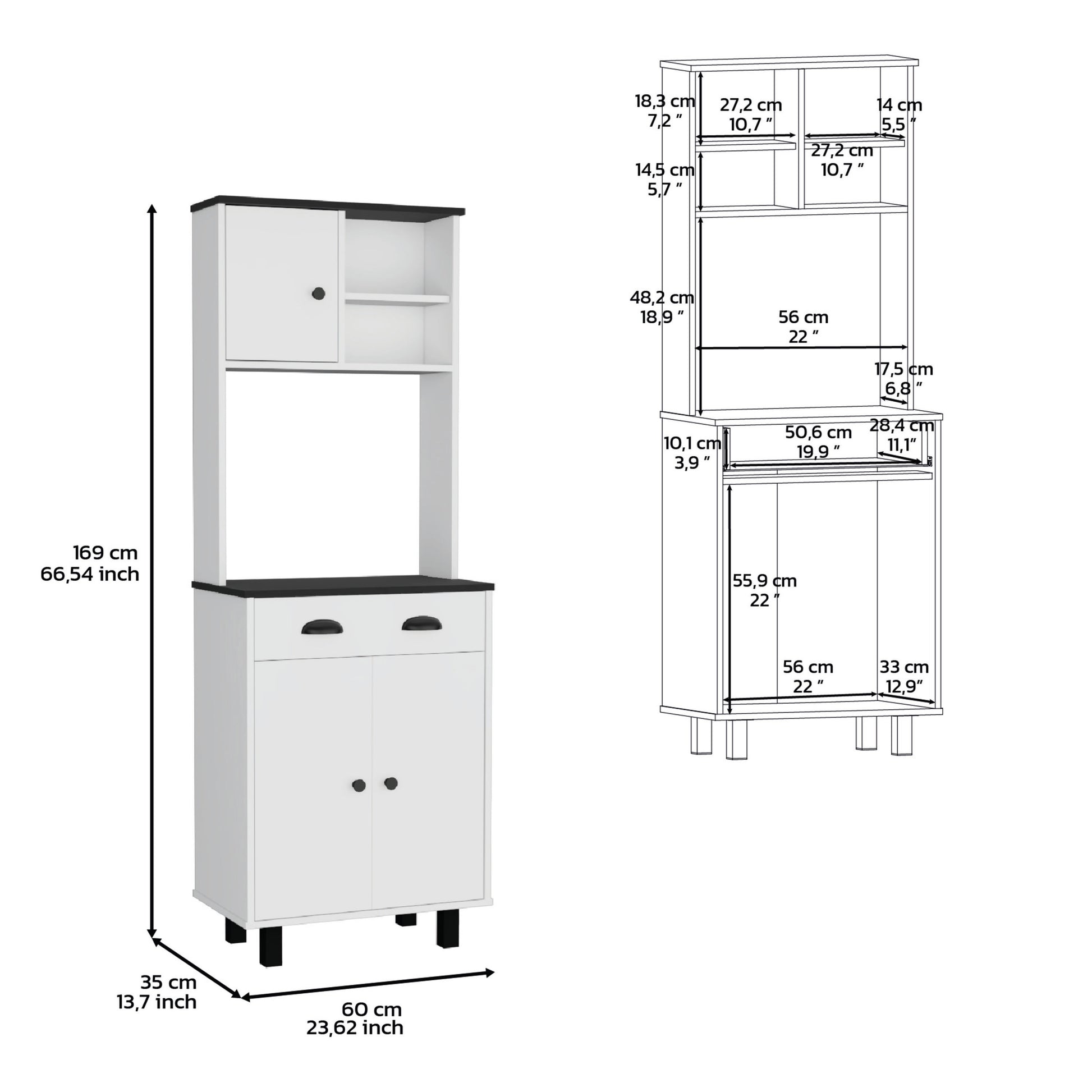 Waco 67" H Kitchen Pantry With Two Cabinets, Two Open Shelves, And One Drawer,White Black White Black Particle Board Pine