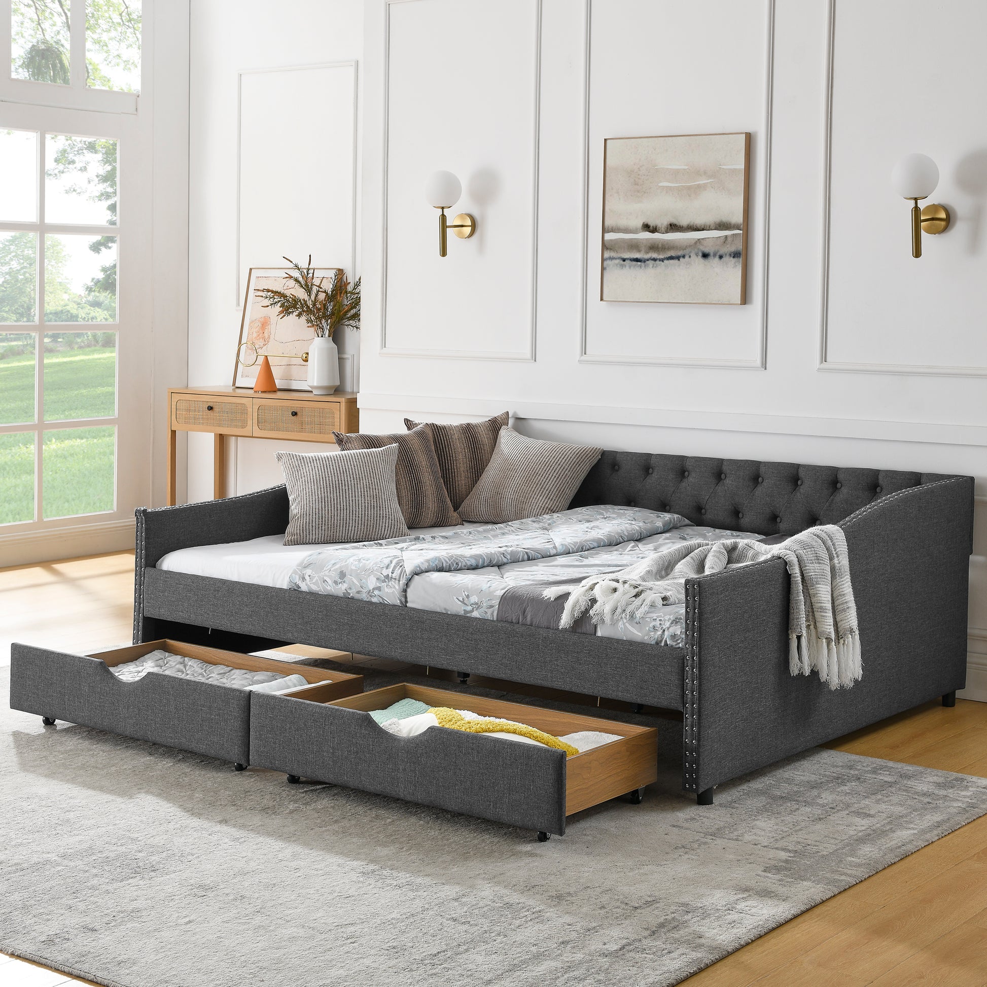 Queen Size Daybed With Drawers Upholstered Tufted Sofa Bed,With Button On Back And Copper Nail On Waved Shape Arms 84.5"X63.5"X26.5" Dark Grey Linen