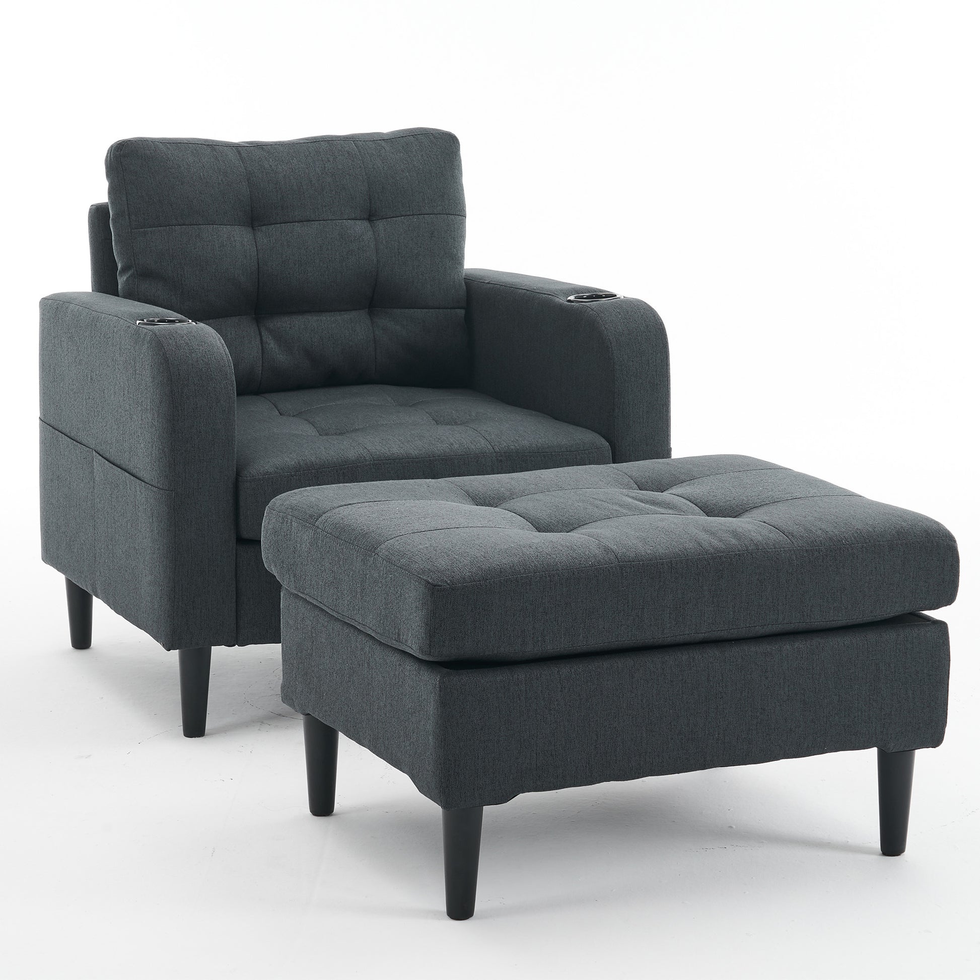 Dark Gray Upholstered Armchair And Storage Ottoman Set Comfortable Single Sofa With Cup Holders And Tufted Detailing, Ideal For Living Room Or Bedroom Dark Gray Foam Metal