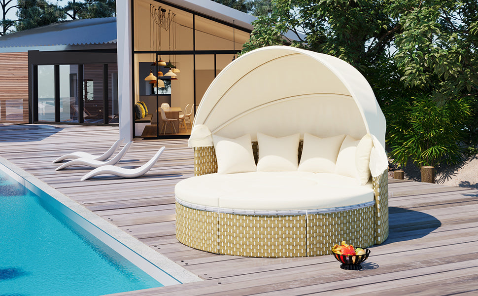 Patio Furniture Round Outdoor Sectional Sofa Set Rattan Daybed Two Tone Weave Sunbed With Retractable Canopy, Separate Seating And Removable Cushion, Beige Yes Sectional Beige Weather Resistant Frame Water Resistant Cushion Garden & Outdoor Luxury