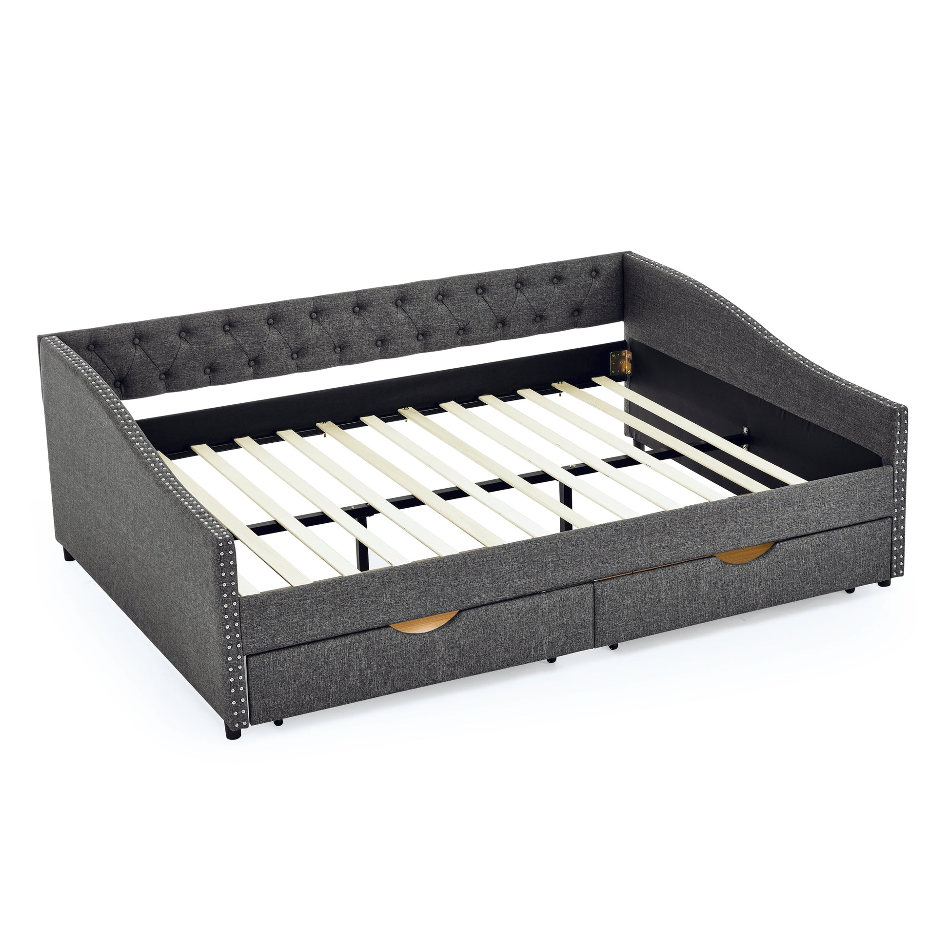Queen Size Daybed With Drawers Upholstered Tufted Sofa Bed,With Button On Back And Copper Nail On Waved Shape Arms 84.5"X63.5"X26.5" Dark Grey Linen