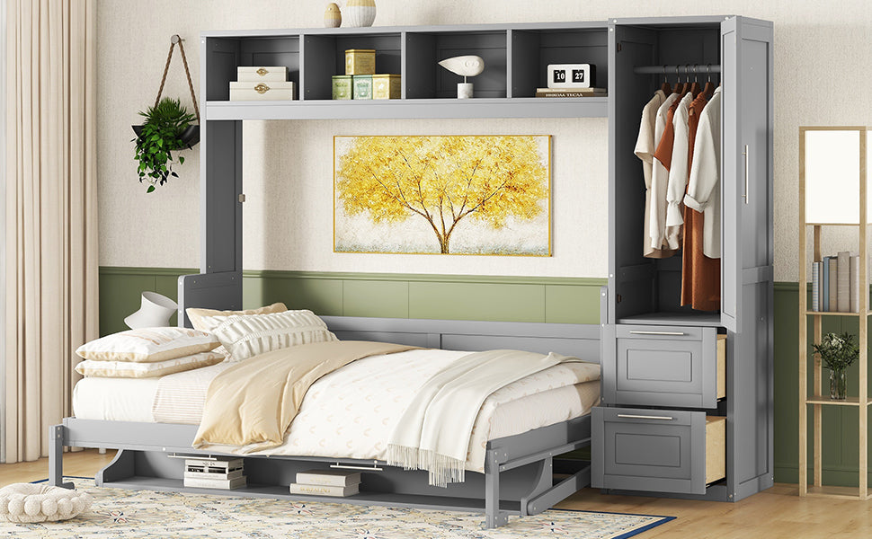 Queen Size Murphy Bed Wall Bed With Closet And Drawers,Gray Gray Mdf Lvl