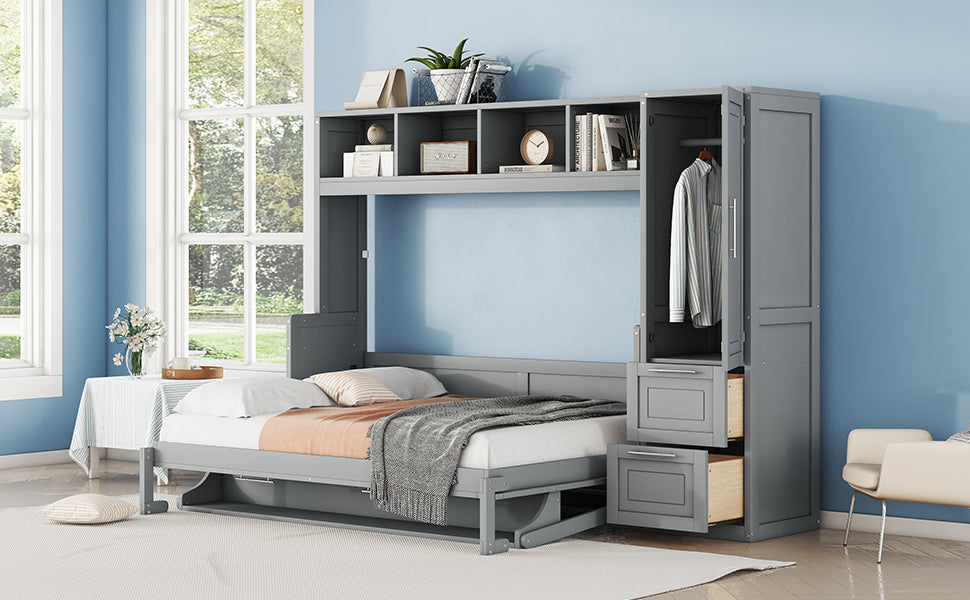 Full Size Murphy Bed Wall Bed With Closet And Drawers,Gray Gray Mdf Lvl
