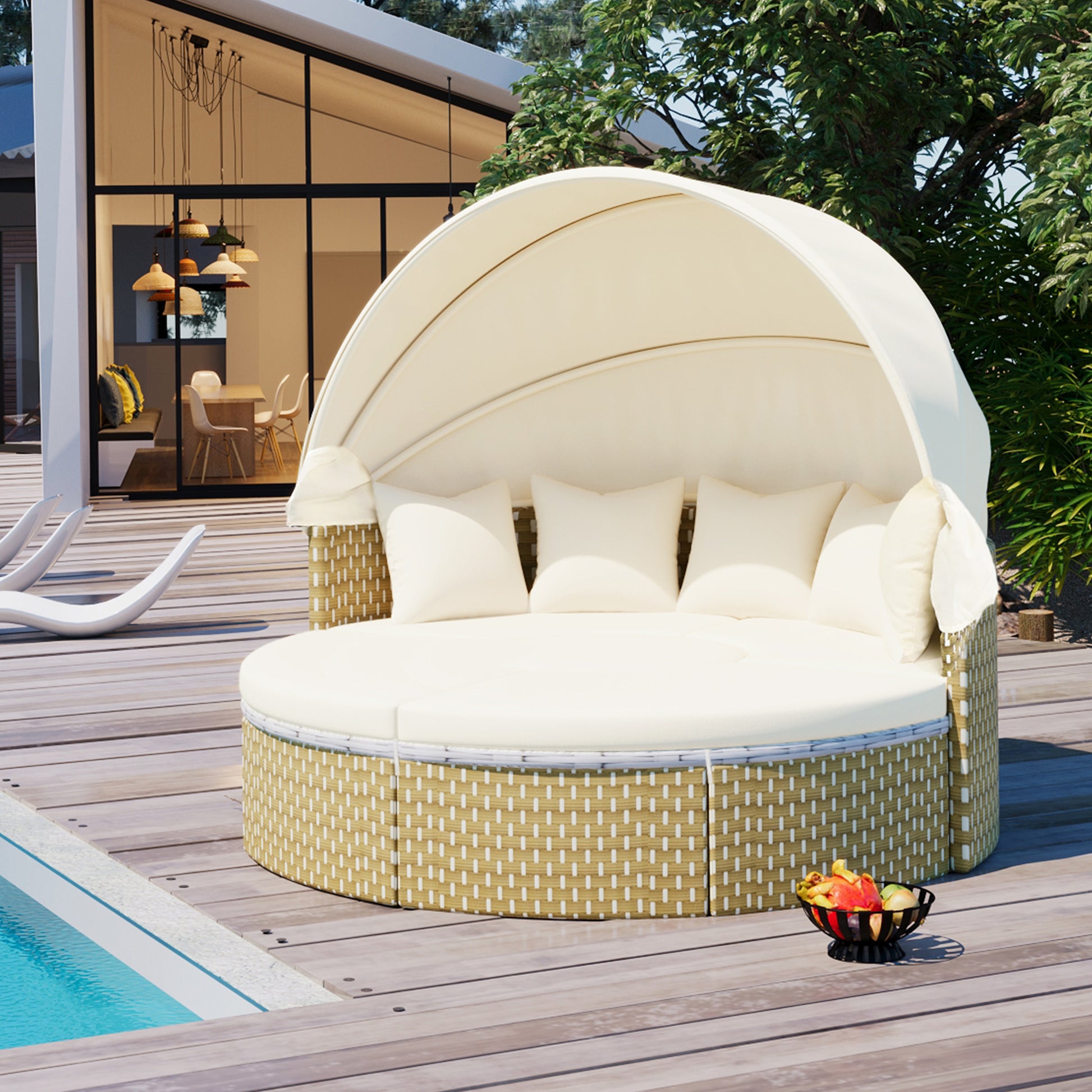 Patio Furniture Round Outdoor Sectional Sofa Set Rattan Daybed Two Tone Weave Sunbed With Retractable Canopy, Separate Seating And Removable Cushion, Beige Yes Sectional Beige Weather Resistant Frame Water Resistant Cushion Garden & Outdoor Luxury