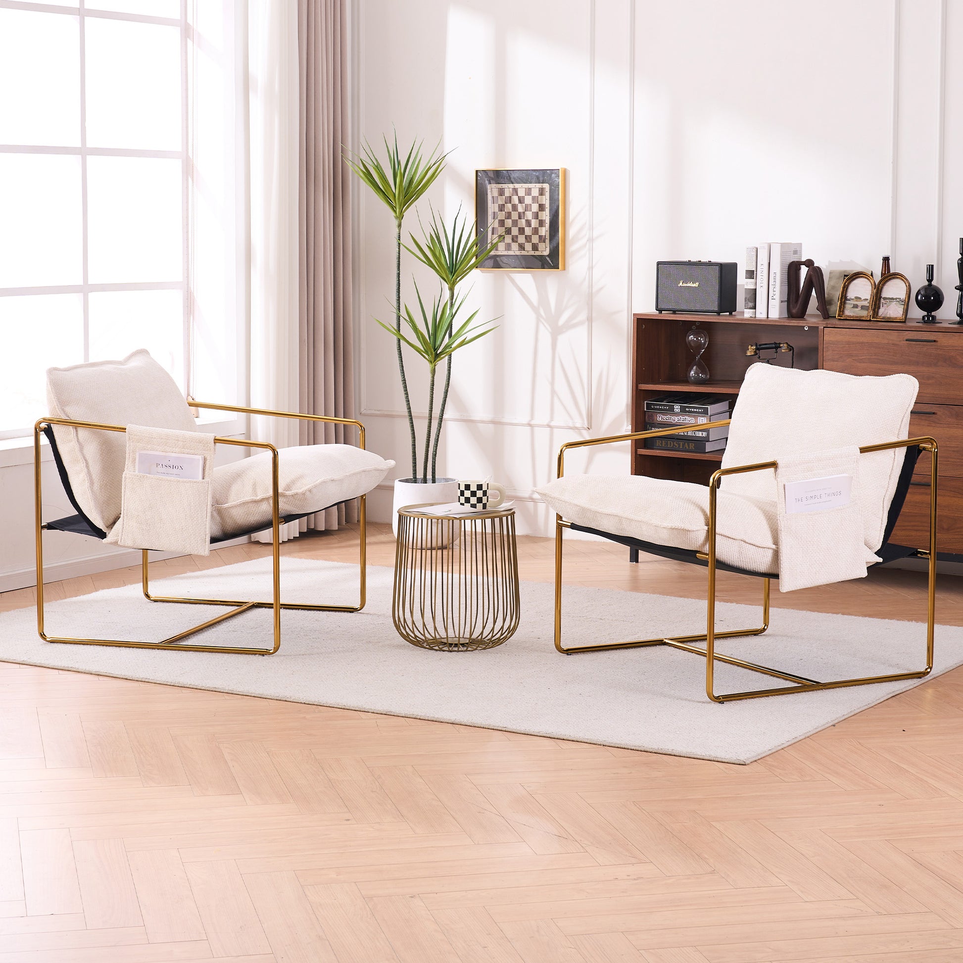 2 Chairs In 1 Box, Upholstered Hanging Armchair With Arm Pocketsmetal Frame, Gold Plated Craftsman, Crushed Foam Cushions And Skin Friendly Woven Fabric For Living Room And Bedroom. Beige Beige Metal