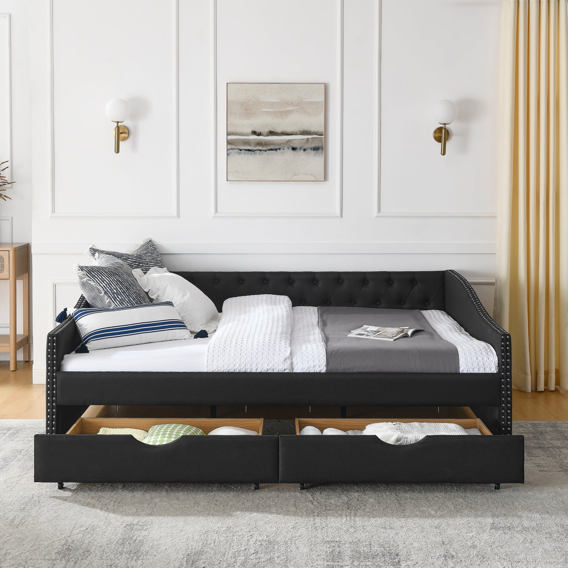 Queen Size Daybed With Drawers Upholstered Tufted Sofa Bed,With Button On Back And Copper Nail On Waved Shape Arms 84.5"X63.5"X26.5" Black Linen