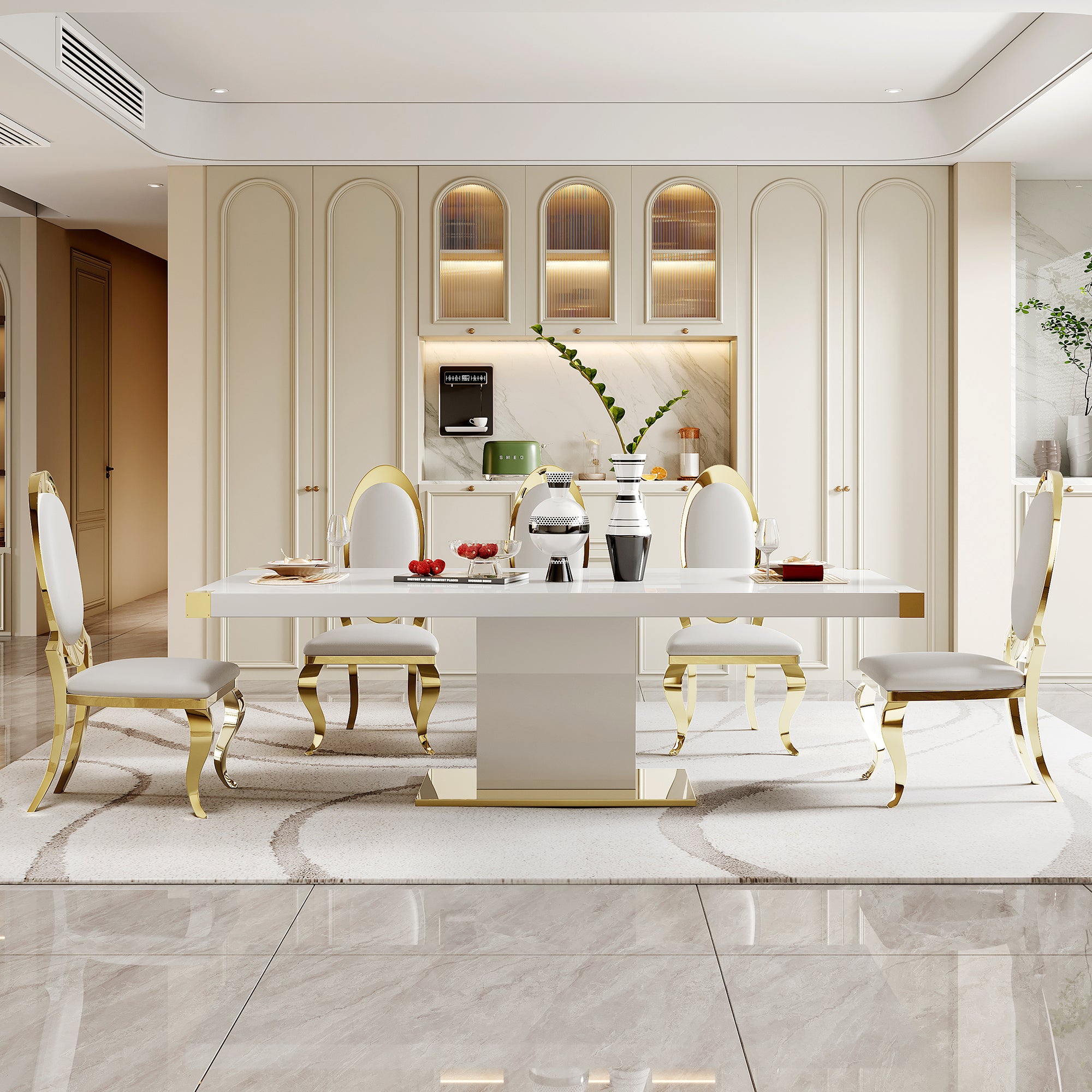 Mdf Top Dining Table With Gold Finish Corner, Mdf Pillar And Gold Finish Stainless Steel Base White Mdf