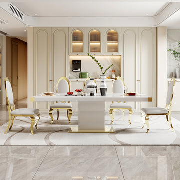 Mdf Top Dining Table With Gold Finish Corner, Mdf Pillar And Gold Finish Stainless Steel Base White Mdf