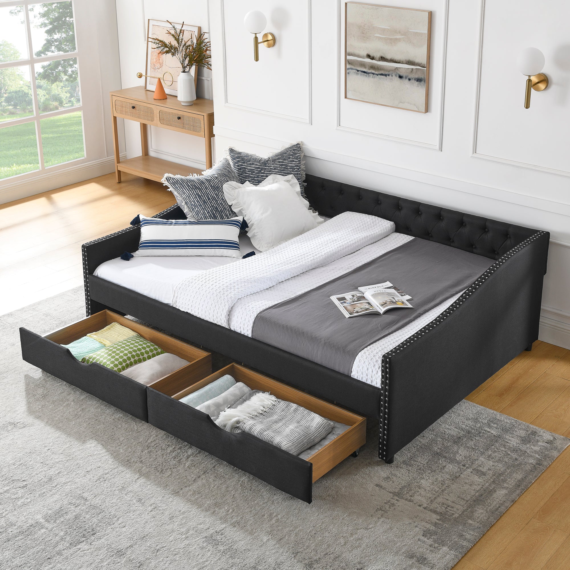 Queen Size Daybed With Drawers Upholstered Tufted Sofa Bed,With Button On Back And Copper Nail On Waved Shape Arms 84.5"X63.5"X26.5" Black Linen