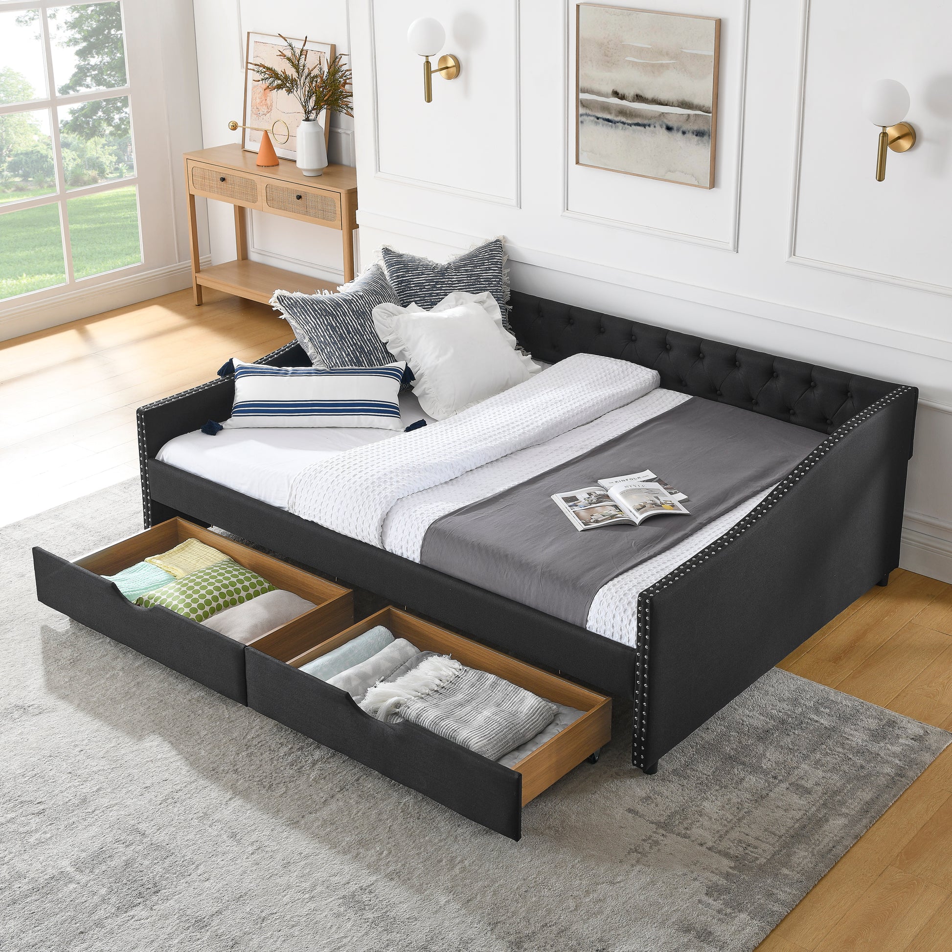 Queen Size Daybed With Drawers Upholstered Tufted Sofa Bed,With Button On Back And Copper Nail On Waved Shape Arms 84.5"X63.5"X26.5" Black Linen