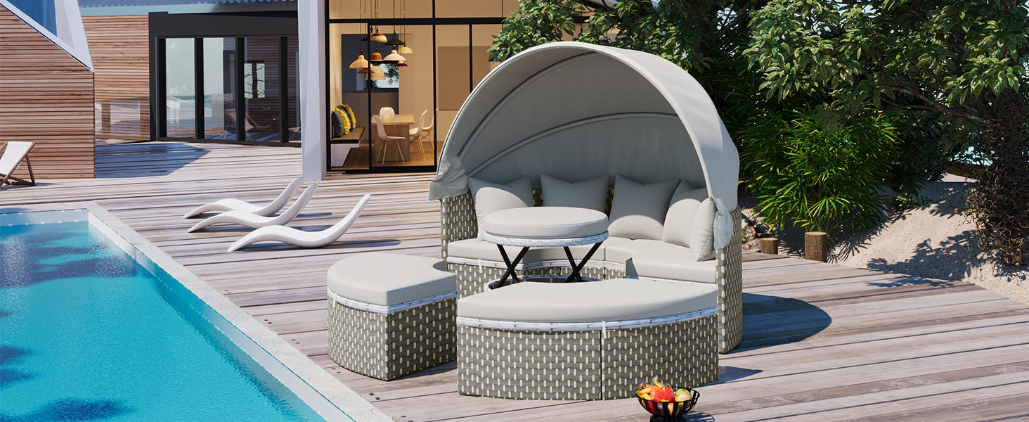 Patio Furniture Round Outdoor Sectional Sofa Set Rattan Daybed Two Tone Weave Sunbed With Retractable Canopy, Separate Seating And Removable Cushion, Gray Yes Sectional Gray Weather Resistant Frame Water Resistant Cushion Garden & Outdoor Luxury