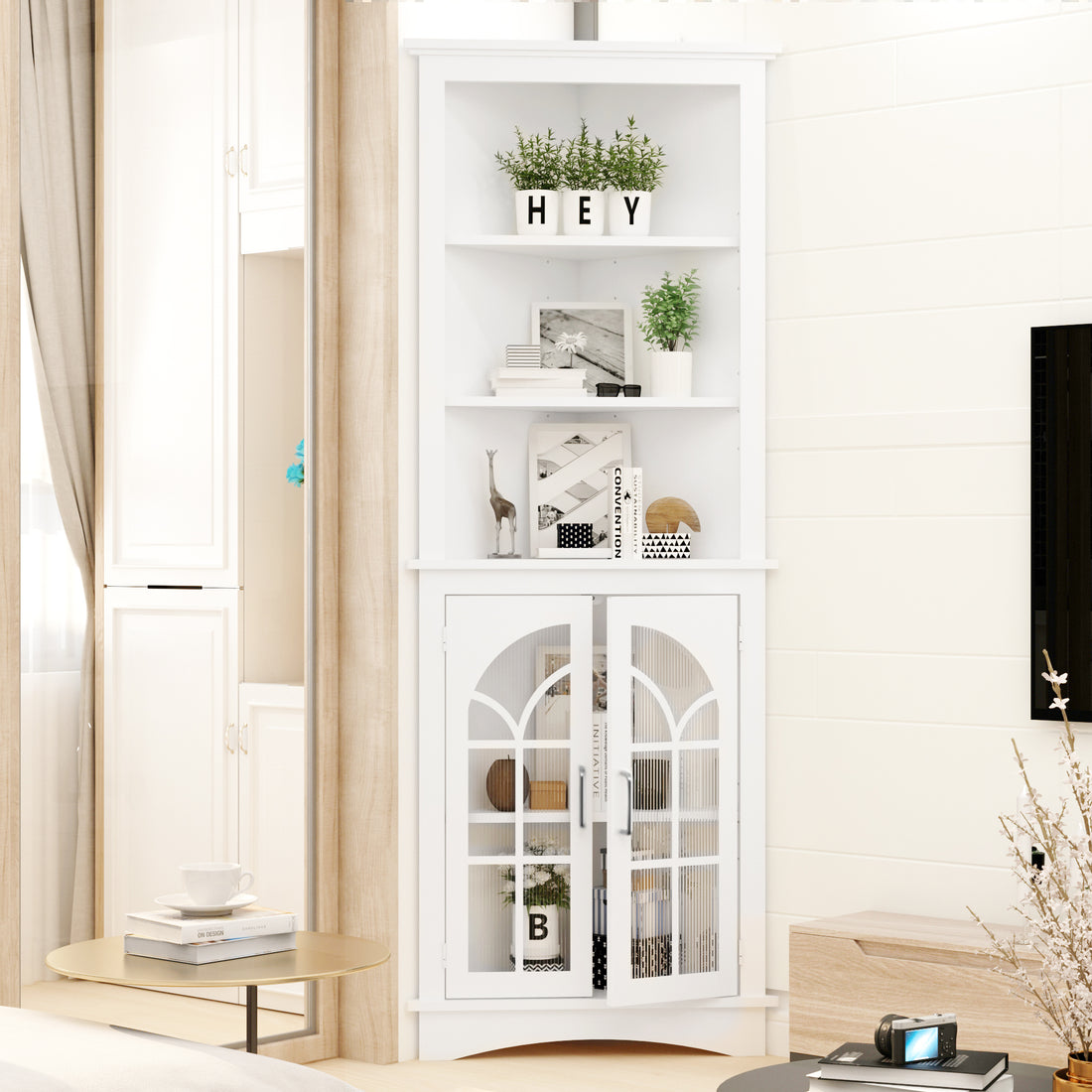 Corner Storage Cabinet, 63.3" Tall Freestanding Bookcase With Doors & Adjustable Shelves, 5 Tier Corner Display Cabinet For Living Room, Office, Dining Room, White White Adjustable Shelves Mdf Metal