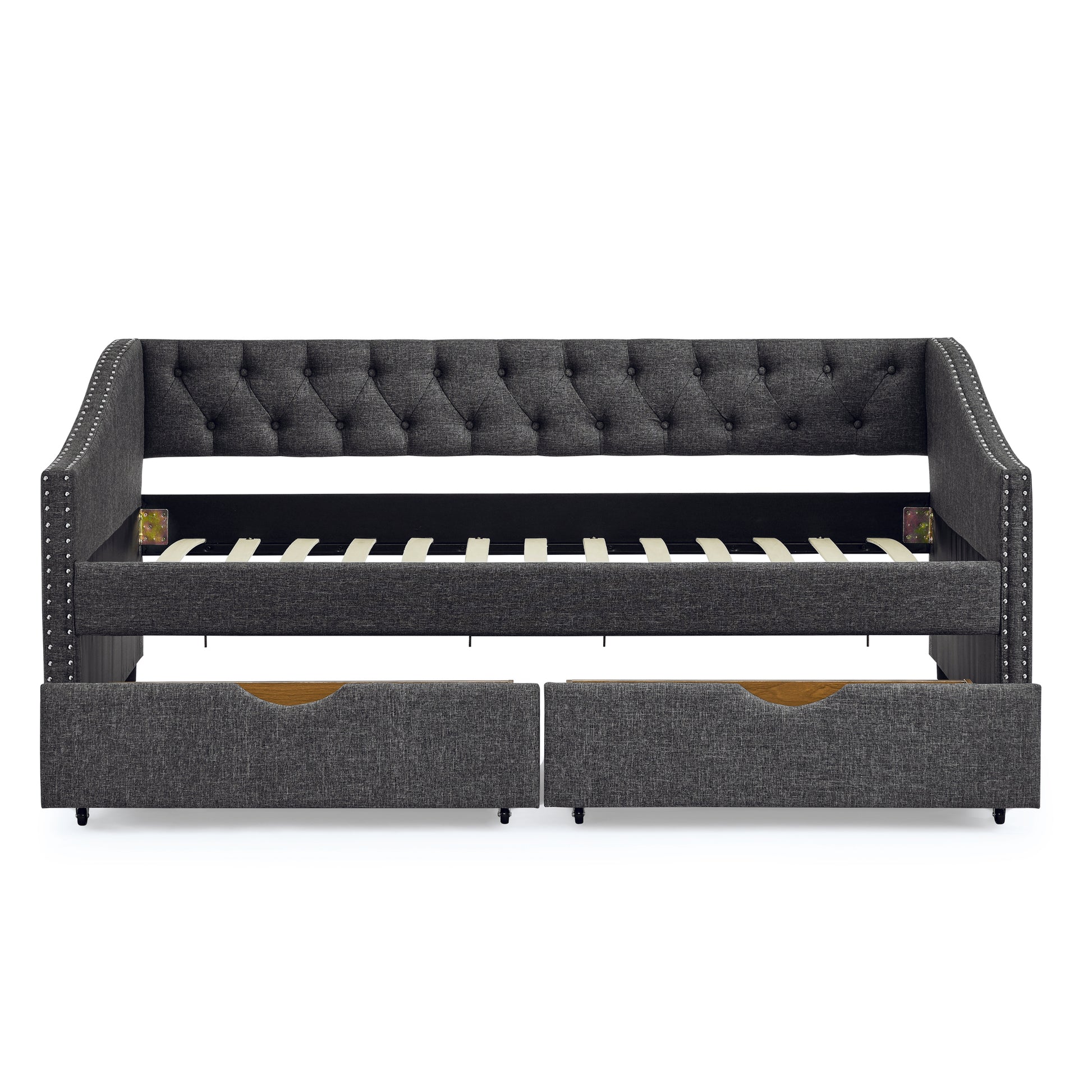 Twin Size Daybed With Drawers Upholstered Tufted Sofa Bed, With Button On Back And Copper Nail On Waved Shape Arms 81.5''X4''X30.5'' Dark Grey Linen