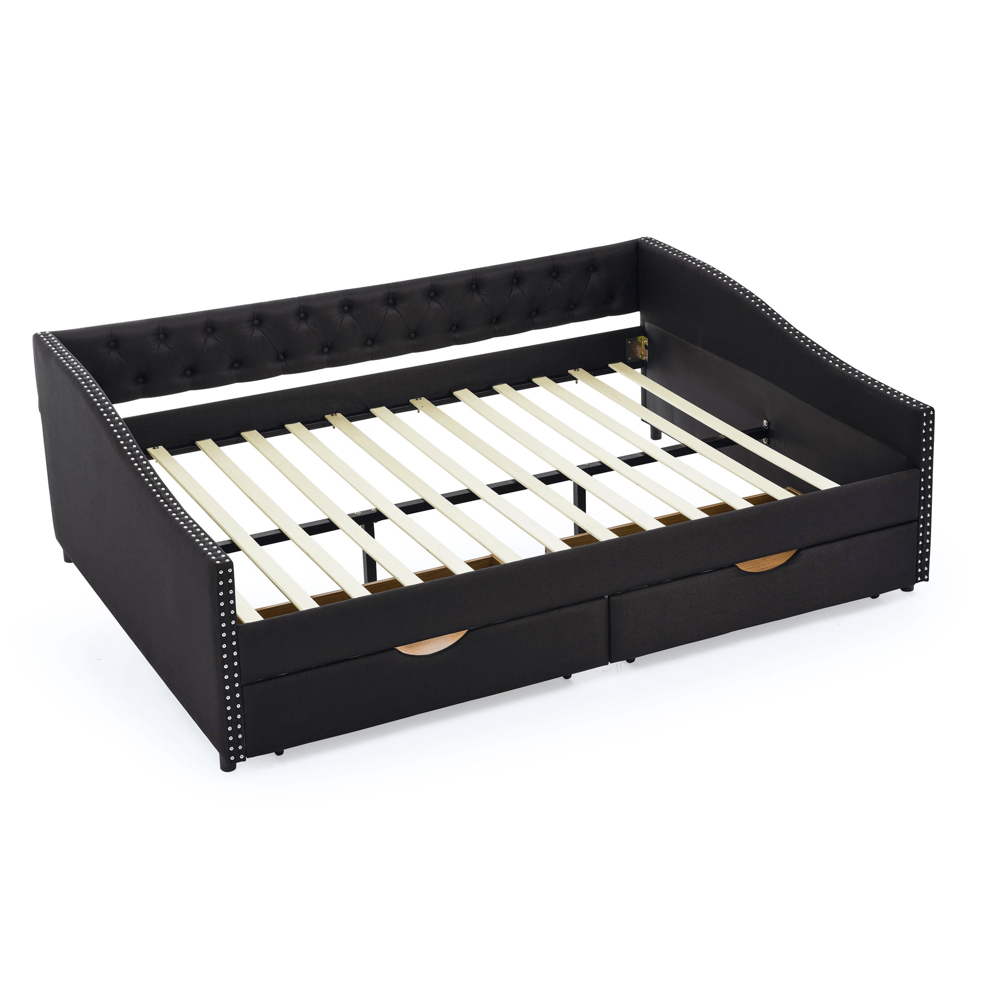 Queen Size Daybed With Drawers Upholstered Tufted Sofa Bed,With Button On Back And Copper Nail On Waved Shape Arms 84.5"X63.5"X26.5" Black Linen