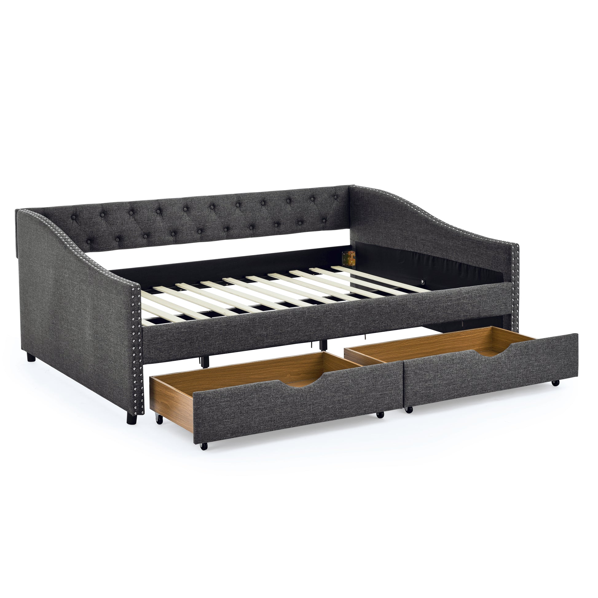 Full Size Daybed With Drawers Upholstered Tufted Sofa Bed, With Button On Back And Copper Nail On Waved Shape Arms 80.5''X55.5''X27.5'' Dark Grey Linen
