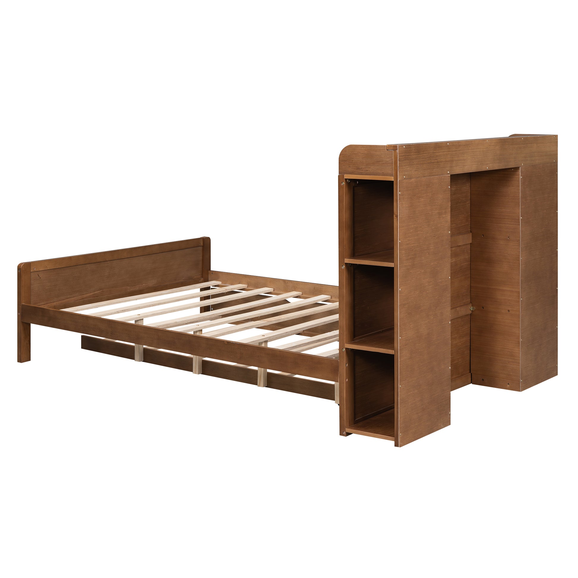 Full Size Platform Bed With Storage Headboard And Twin Size Trundle, Walnut Box Spring Not Required Full Walnut Wood Bedroom Bed Frame Solid Wood Mdf