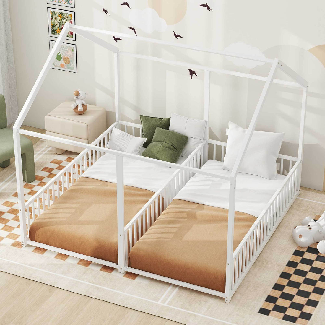 Metal Twin Size House Platform Beds, Two Shared Beds, White Box Spring Not Required Twin Antique White Metal Bedroom Metal