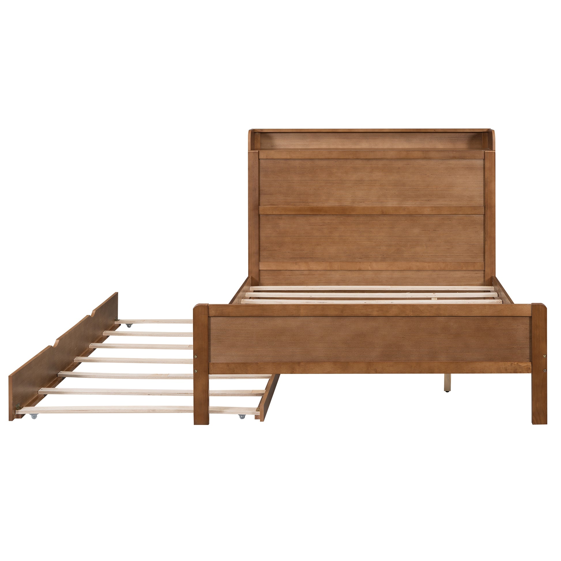 Full Size Platform Bed With Storage Headboard And Twin Size Trundle, Walnut Box Spring Not Required Full Walnut Wood Bedroom Bed Frame Solid Wood Mdf