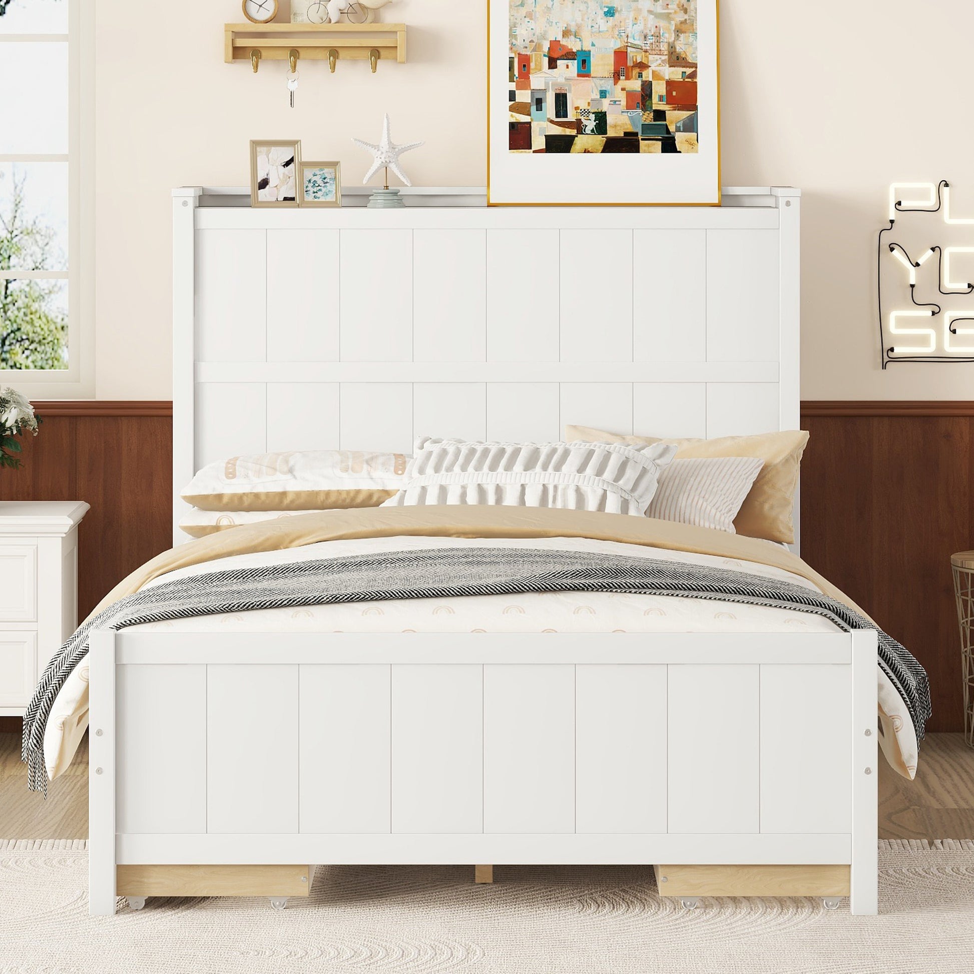 Full Size Platform Bed With Drawers And Storage Shelves, White Antique White Solid Wood Mdf
