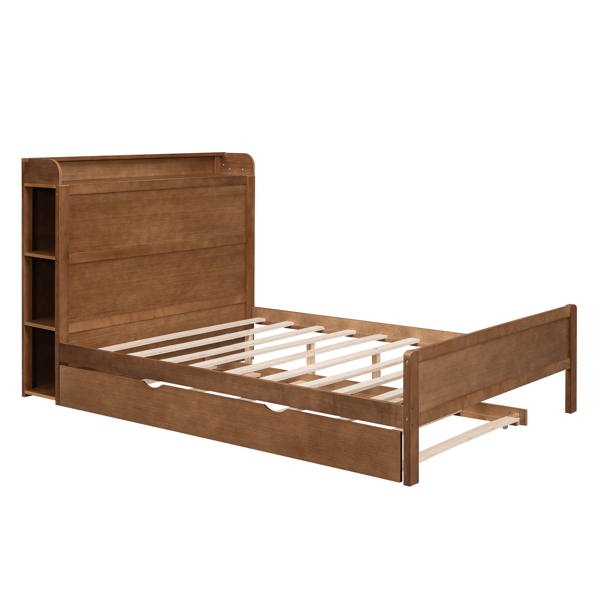 Full Size Platform Bed With Storage Headboard And Twin Size Trundle, Walnut Box Spring Not Required Full Walnut Wood Bedroom Bed Frame Solid Wood Mdf