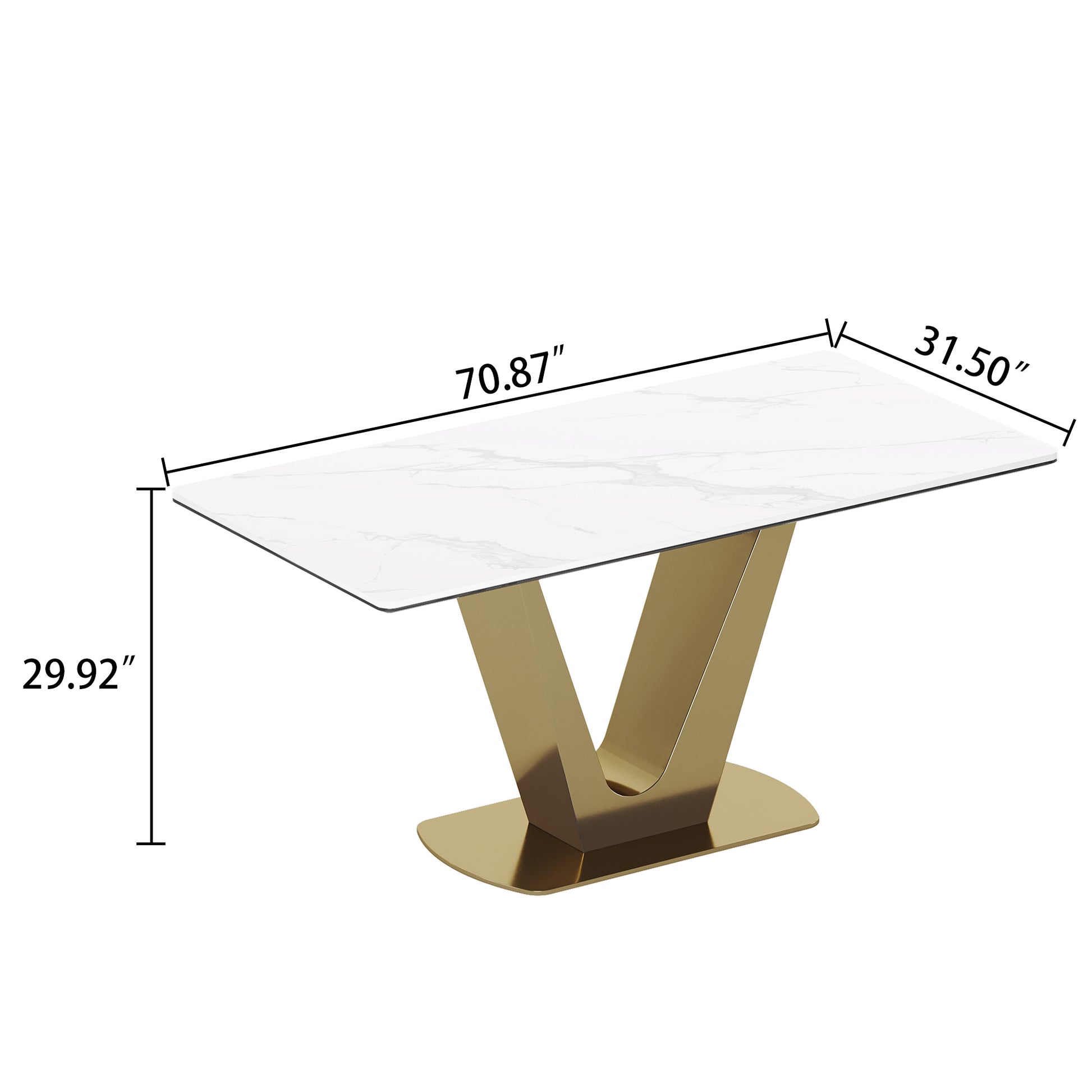 0.47" Thick Sintered Stone Composite Tempered Glass Top Dining Table With V Shape Stainless Steel Base Gold Sintered Stone