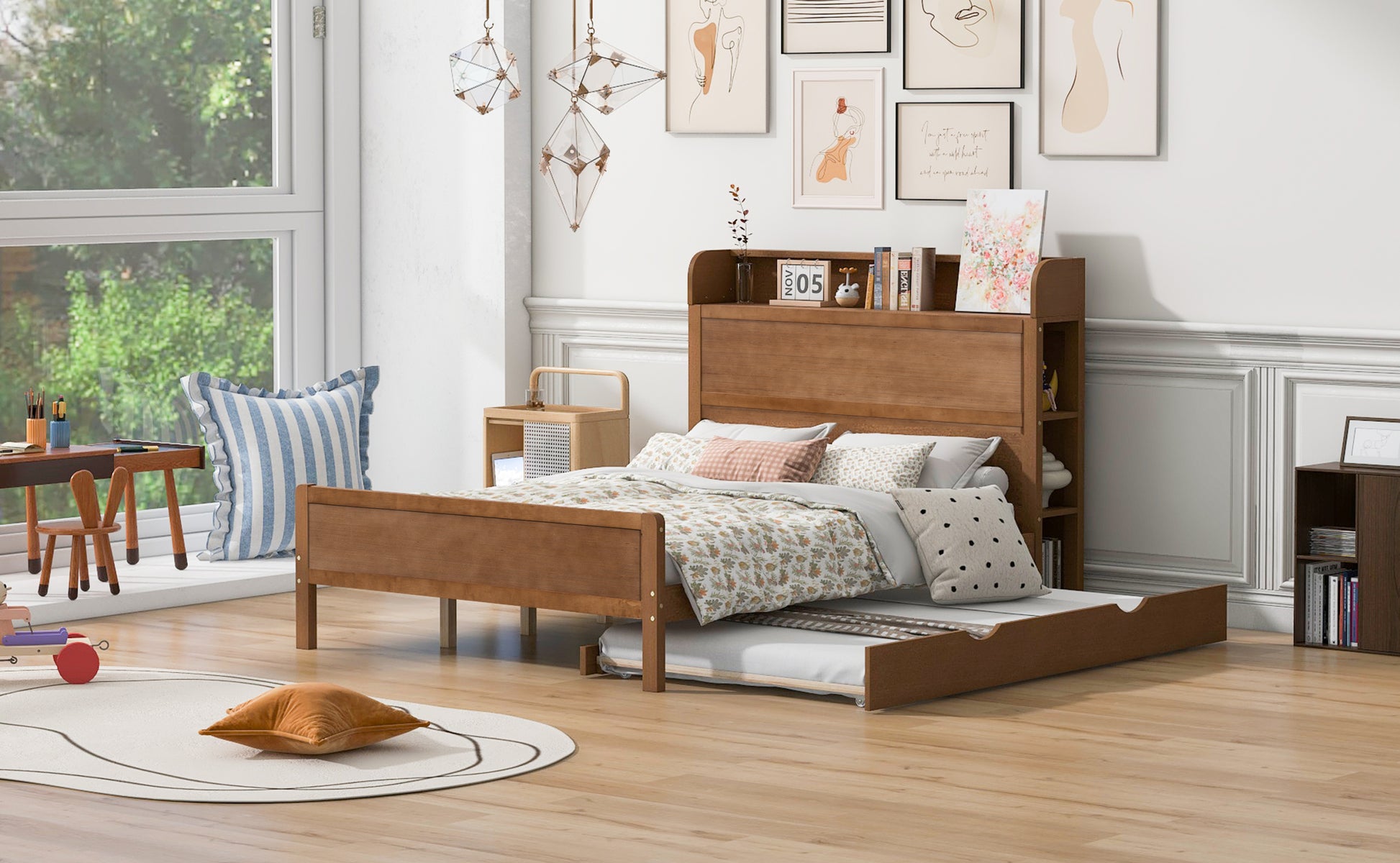 Full Size Platform Bed With Storage Headboard And Twin Size Trundle, Walnut Box Spring Not Required Full Walnut Wood Bedroom Bed Frame Solid Wood Mdf