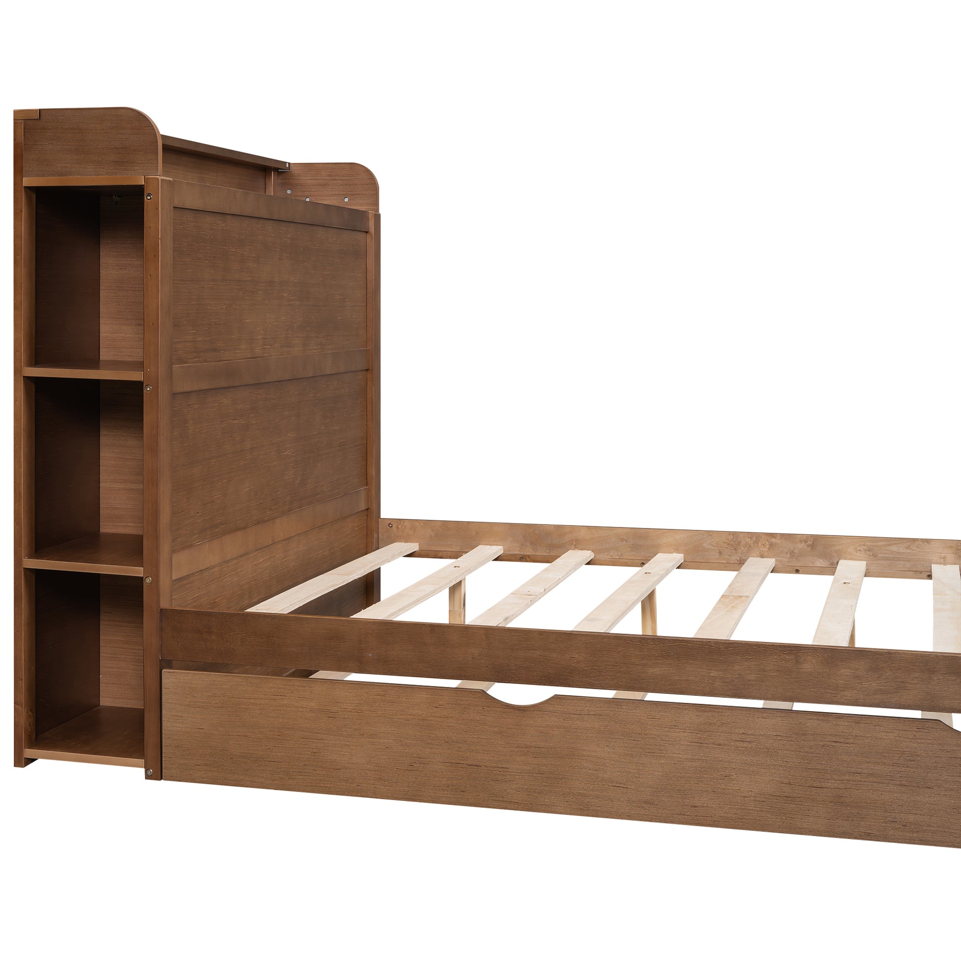 Full Size Platform Bed With Storage Headboard And Twin Size Trundle, Walnut Box Spring Not Required Full Walnut Wood Bedroom Bed Frame Solid Wood Mdf