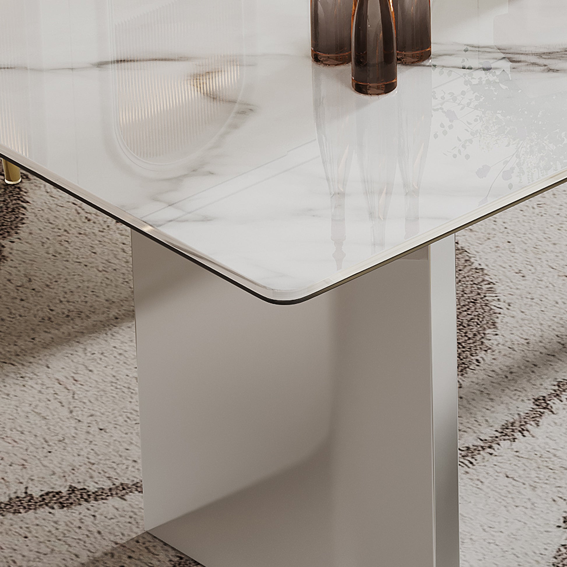 0.47" Thick Sintered Stone Composite Tempered Glass Top Rectangular Dining Table With Stainless Steel Base Gold Sintered Stone