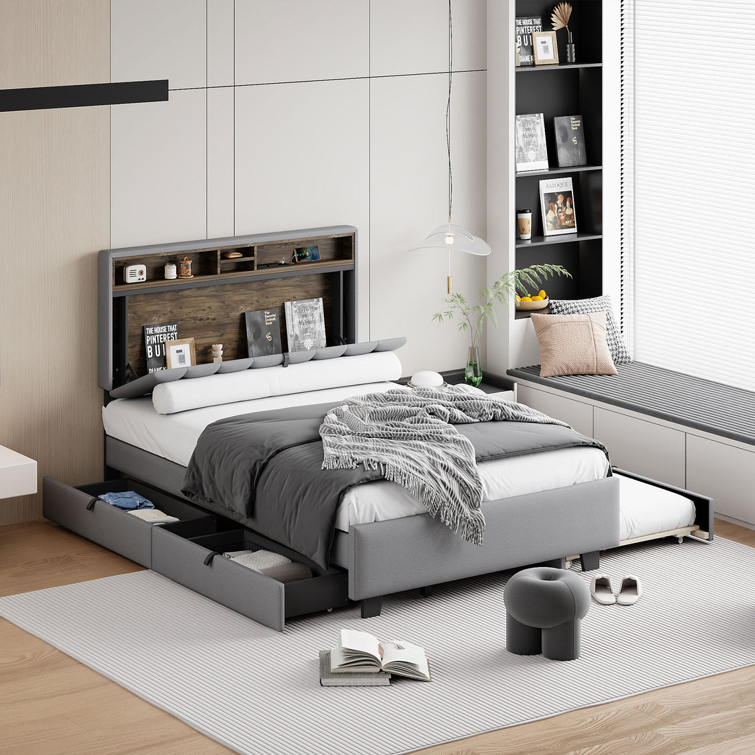 Full Size Upholstered Platform Bed With Storage Headboard, Twin Size Trundle & 2 Drawers And A Set Of Sockets & Usb Ports, Linen Fabric, Gray Gray Linen