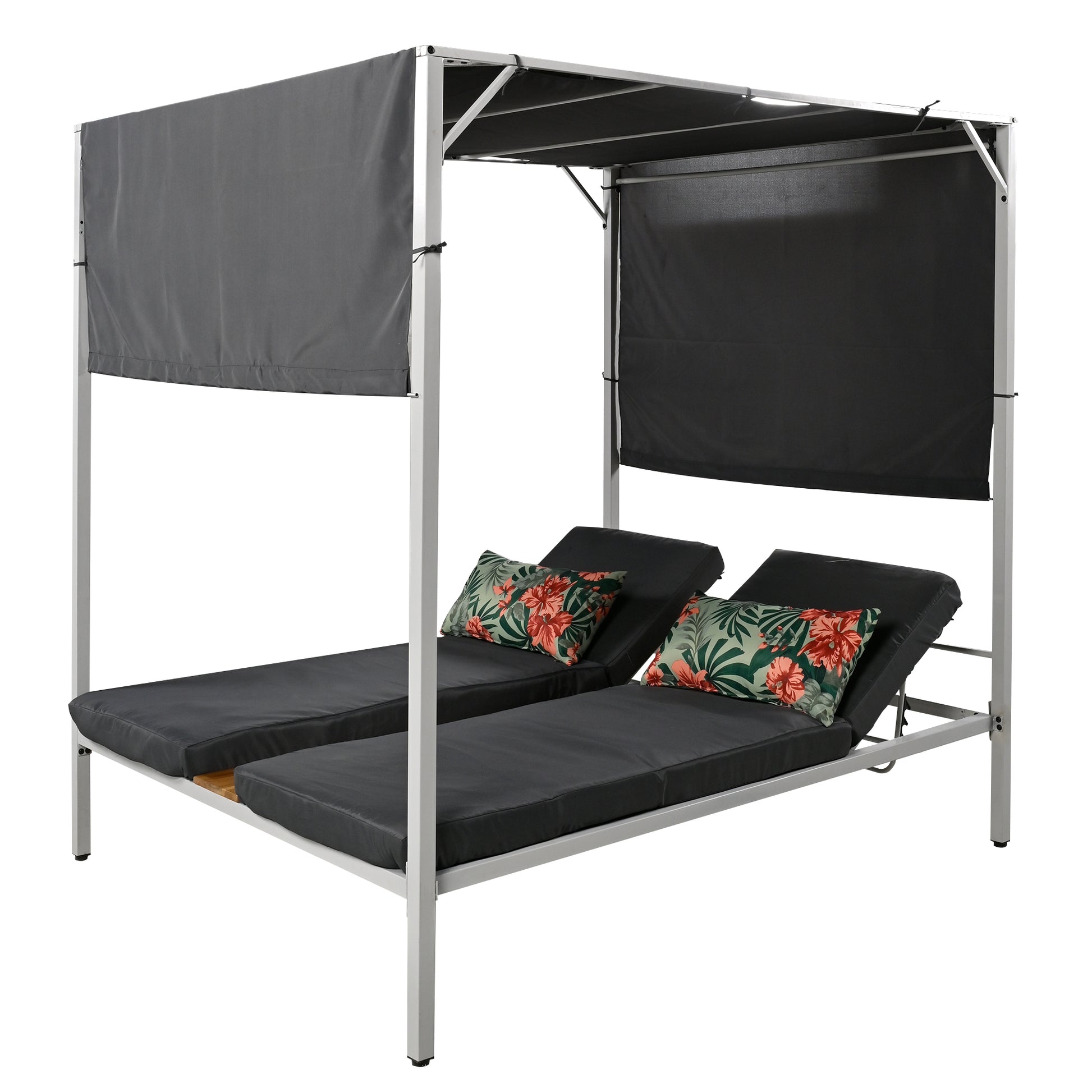 Outdoor Patio Sunbed Daybed With Cushions, Adjustable Seats Grey Steel