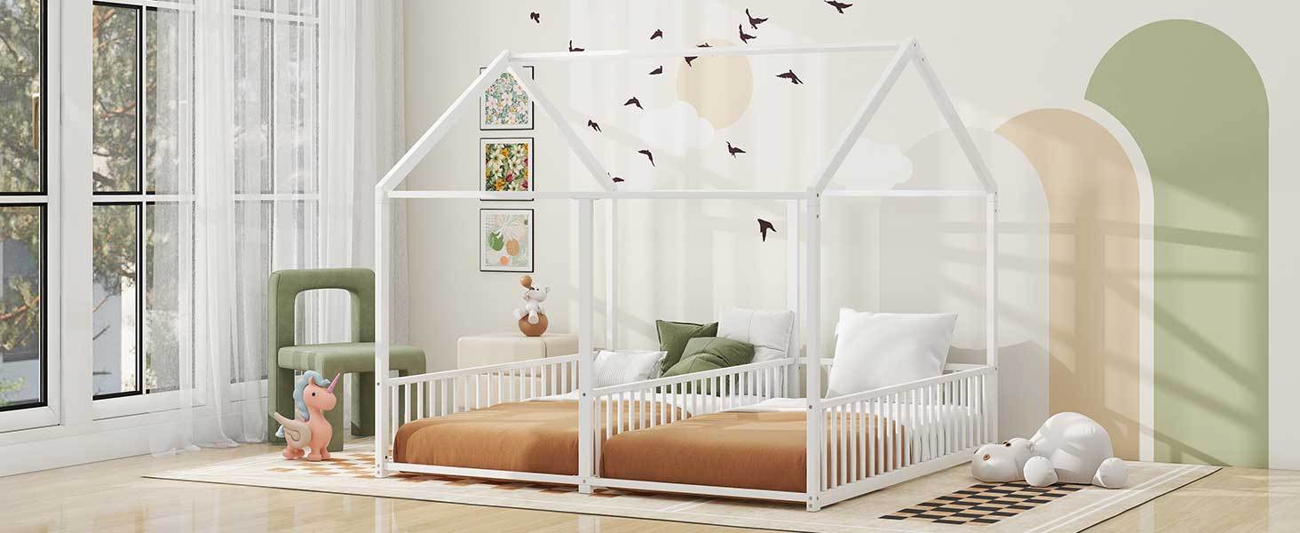 Metal Twin Size House Platform Beds, Two Shared Beds, White Box Spring Not Required Twin Antique White Metal Bedroom Metal