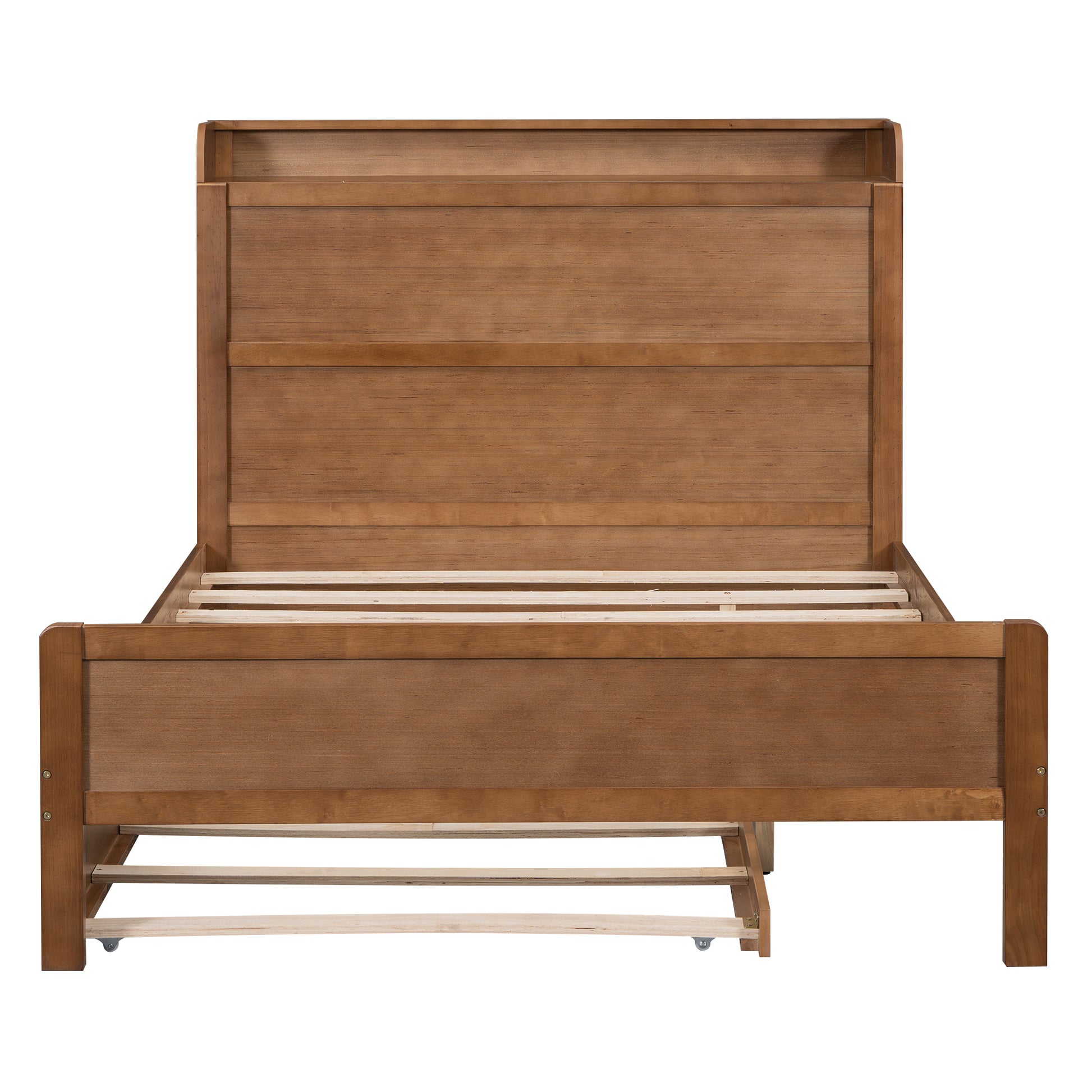 Full Size Platform Bed With Storage Headboard And Twin Size Trundle, Walnut Box Spring Not Required Full Walnut Wood Bedroom Bed Frame Solid Wood Mdf