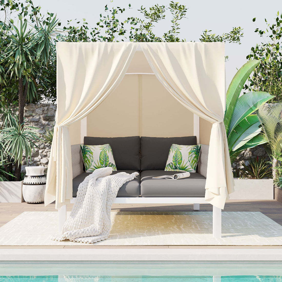 Outdoor Patio Sunbed With Curtains, High Comfort, Suitable For Multiple Scenarios Gray Beige Woven Rope
