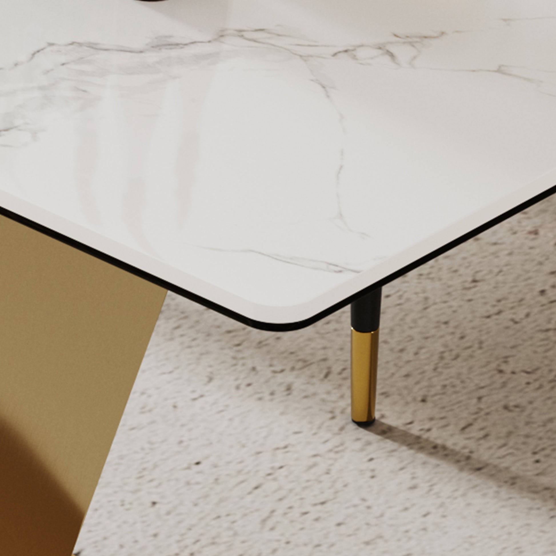 0.47" Thick Sintered Stone Composite Tempered Glass Top Dining Table With V Shape Stainless Steel Base Gold Sintered Stone