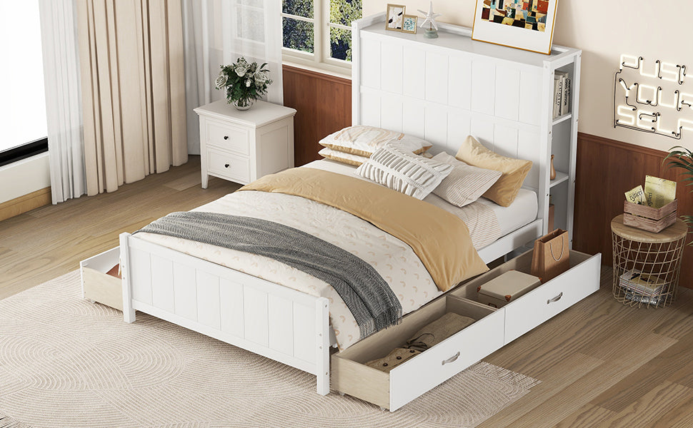 Full Size Platform Bed With Drawers And Storage Shelves, White Antique White Solid Wood Mdf