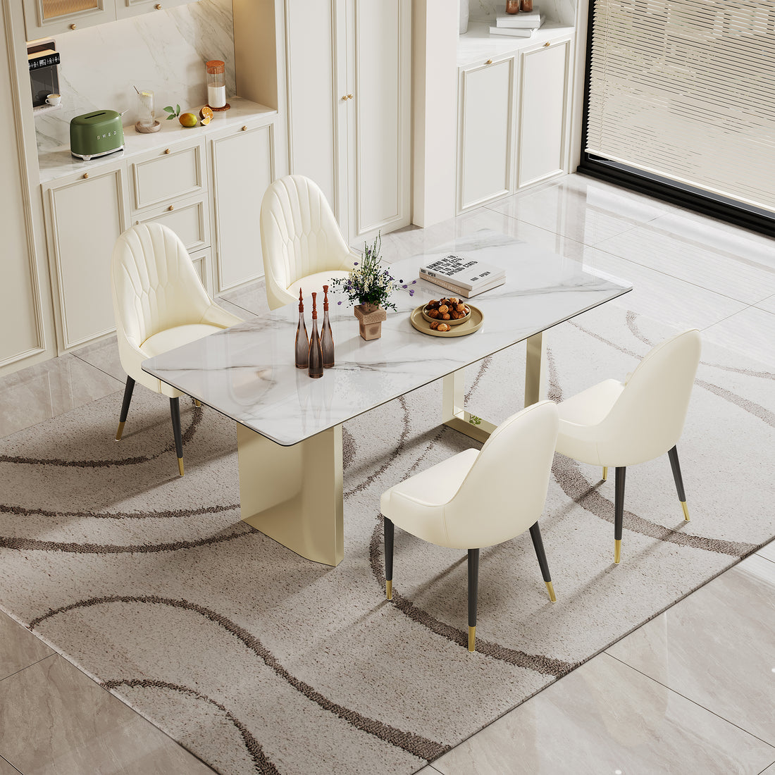 0.47" Thick Sintered Stone Composite Tempered Glass Top Rectangular Dining Table With Stainless Steel Base Gold Sintered Stone