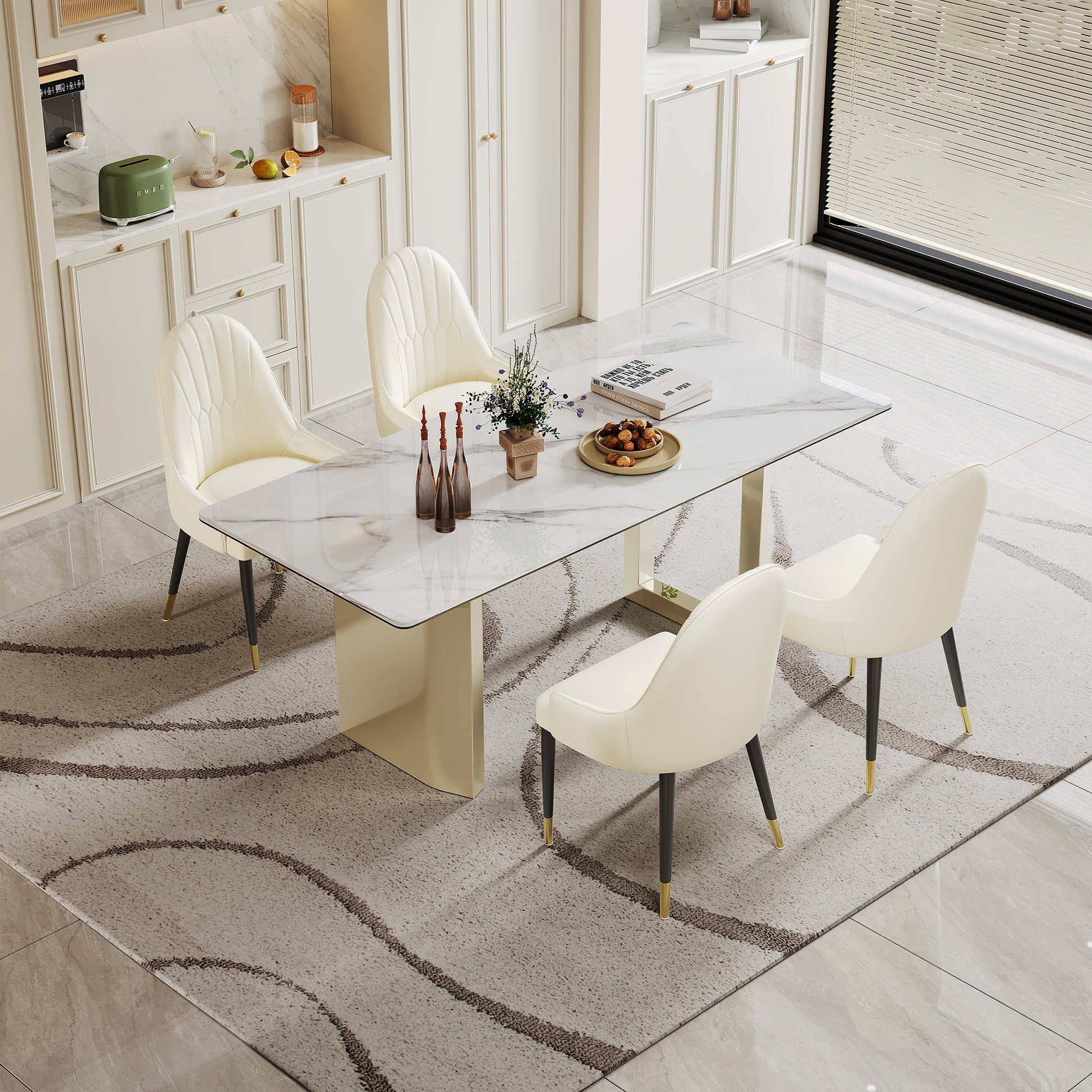 0.47" Thick Sintered Stone Composite Tempered Glass Top Rectangular Dining Table With Stainless Steel Base Gold Sintered Stone