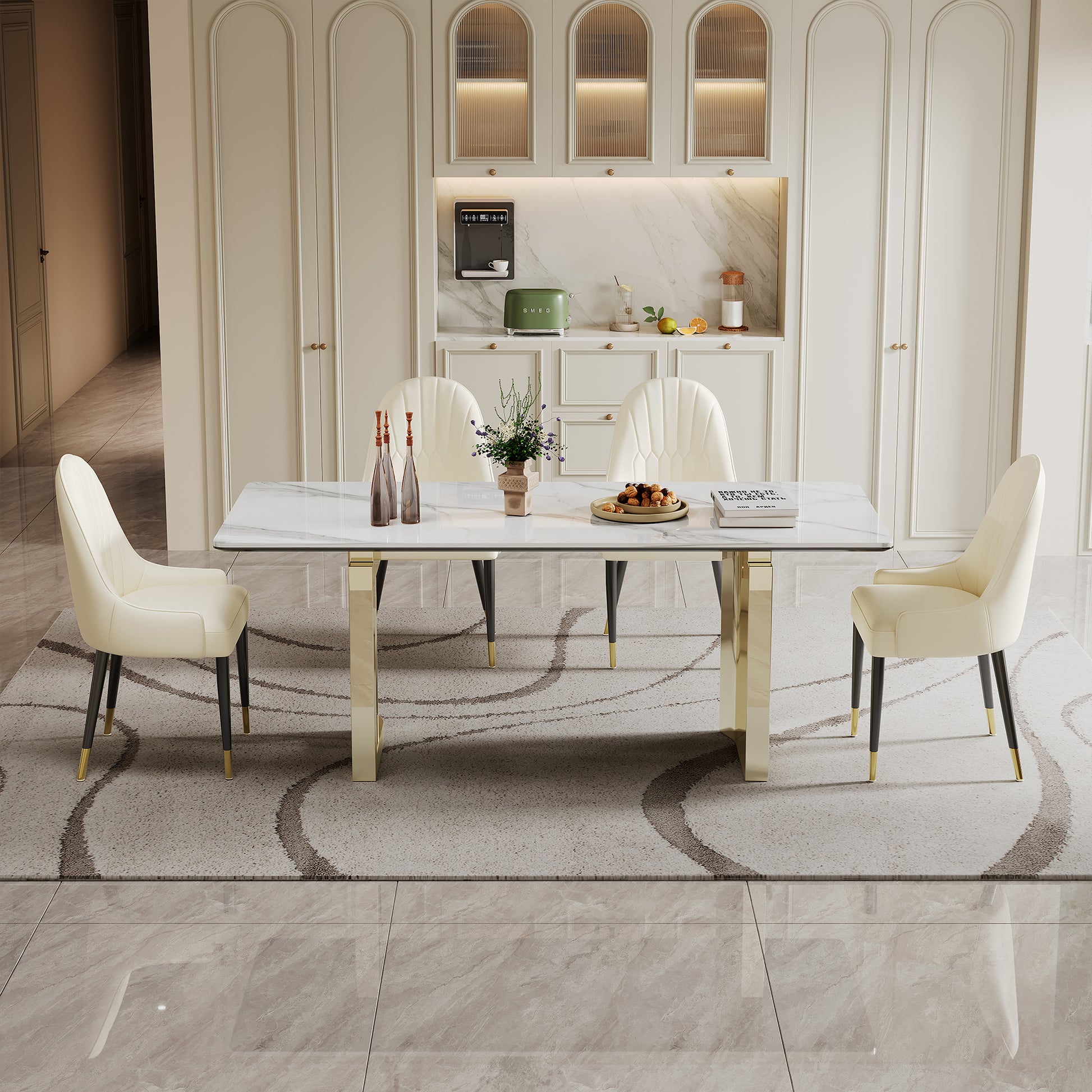 0.47" Thick Sintered Stone Composite Tempered Glass Top Rectangular Dining Table With Stainless Steel Base Gold Sintered Stone