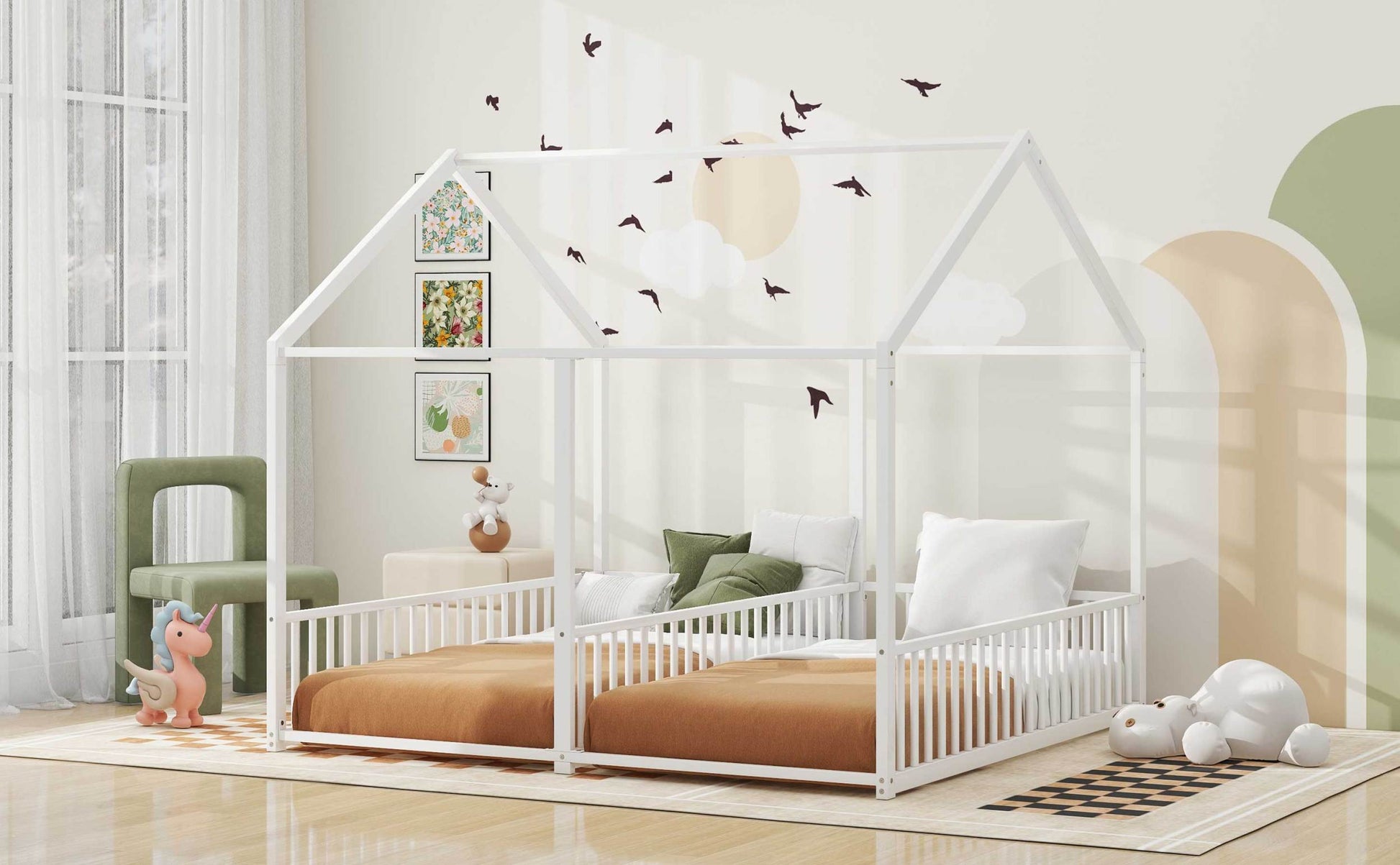 Metal Twin Size House Platform Beds, Two Shared Beds, White Box Spring Not Required Twin Antique White Metal Bedroom Metal