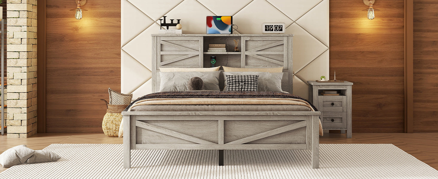 Farmhouse Platform Bed With Double Sliding Barn Door, Queen Size Rustic Wood Bed Withcharging Station, Wood Slats Support, Antique Gray Antique Gray Particle Board